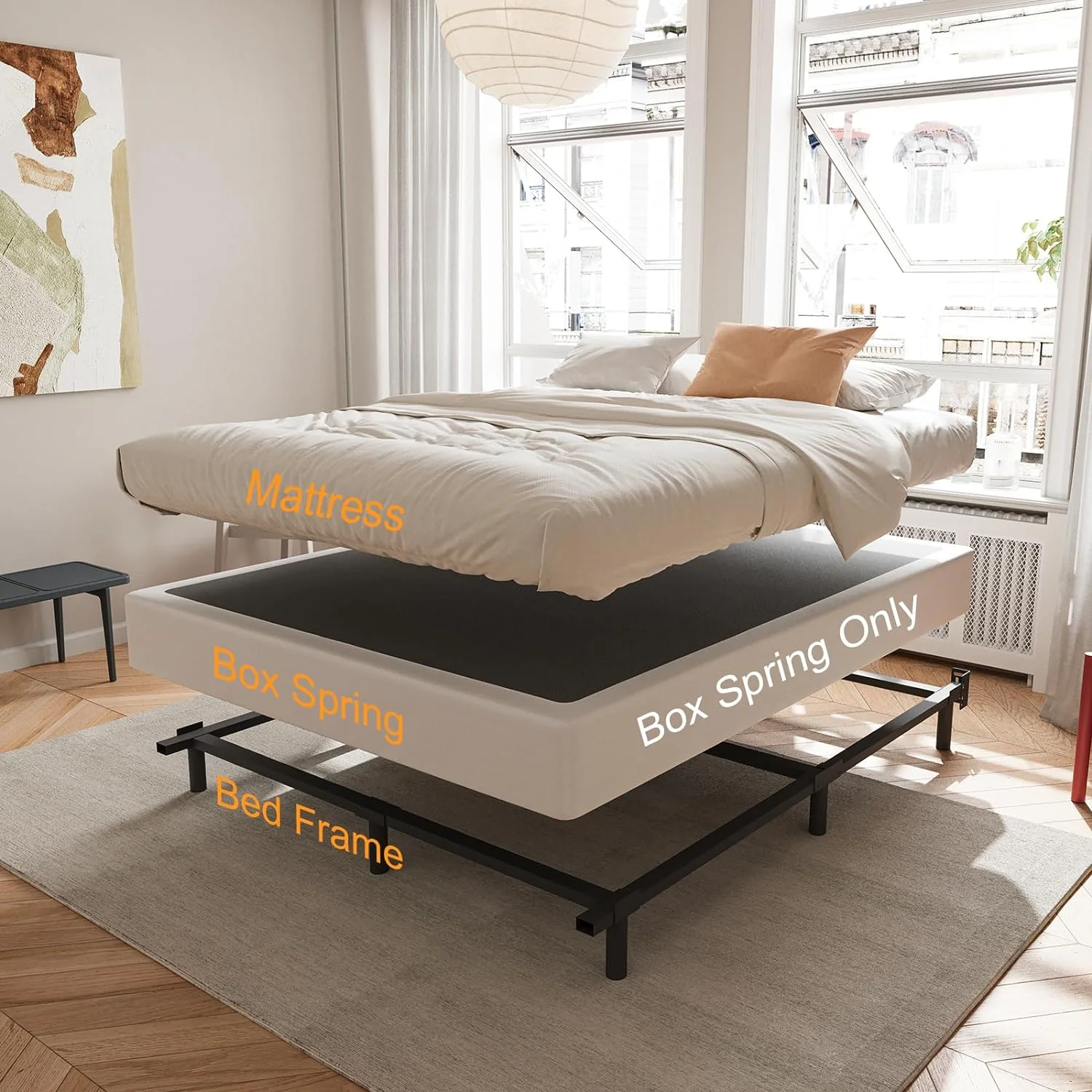 YILAN Queen Box Spring，5 Inch Low Profile Metal Boxspring with Non-Slip Fabric Bed Cover, Sturdy Heavy Duty Steel Structure Bed Base, Noise-Free Mattress Foundation, Easy Assembly，Black