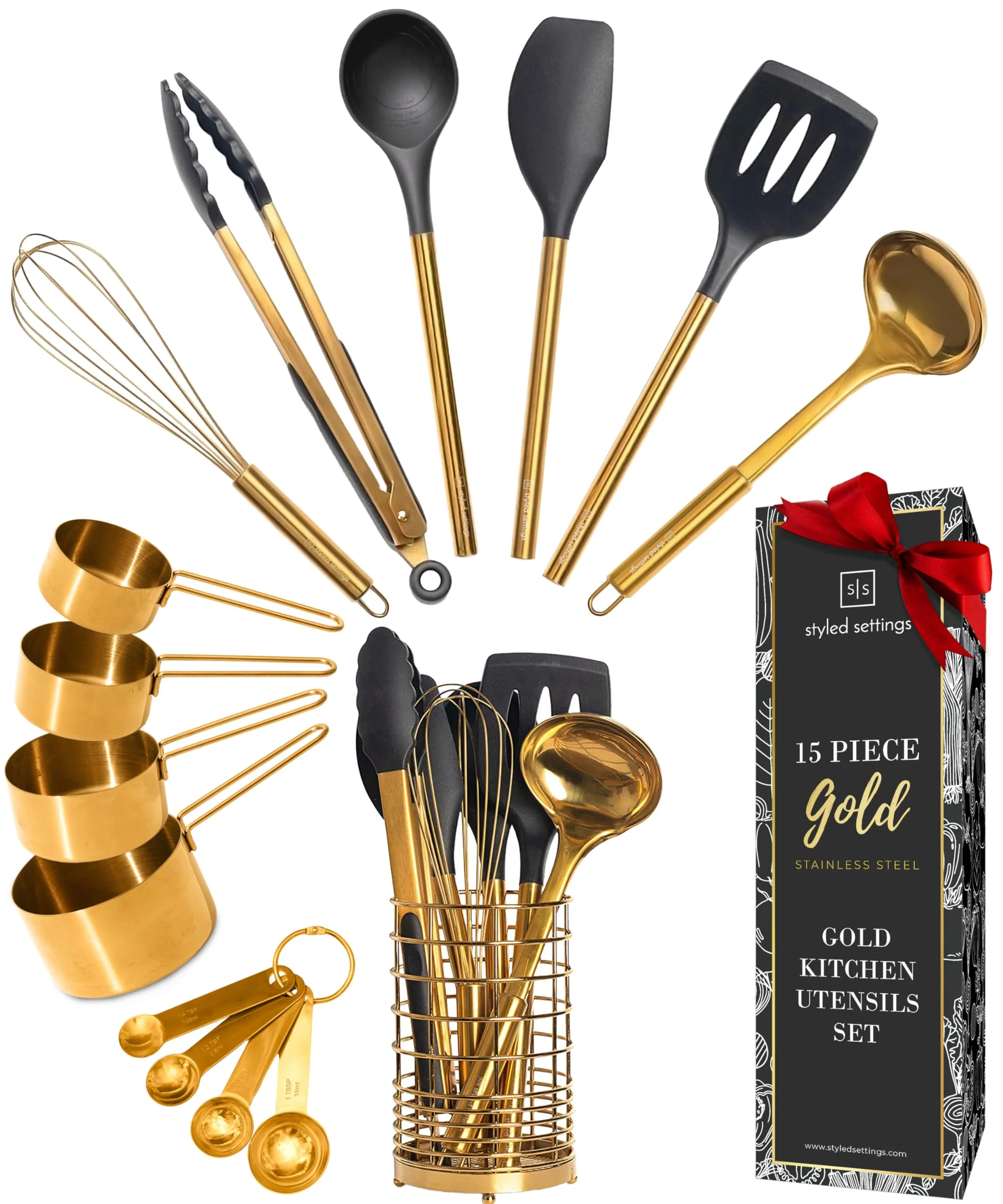 Styled Settings Black and Gold Kitchen Utensils Set - 15 Piece Gold Utensils Set Includes Non-Stick, BPA-Free, Black Silicone and Gold Cooking Utensils Set and Gold Measuring Cups and Spoons Set