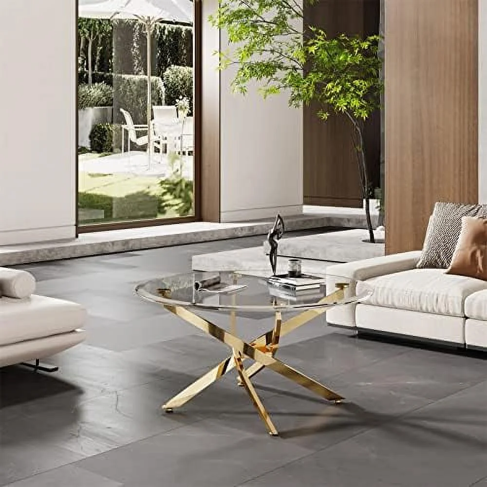 ZFGSUIJN 35Inch Modern Round Coffee Table Tempered Glass Center Table   Gold Stainless Steel Feet with Adjustable Pad  Elegant Glass Tea Table with Clear Glass Top