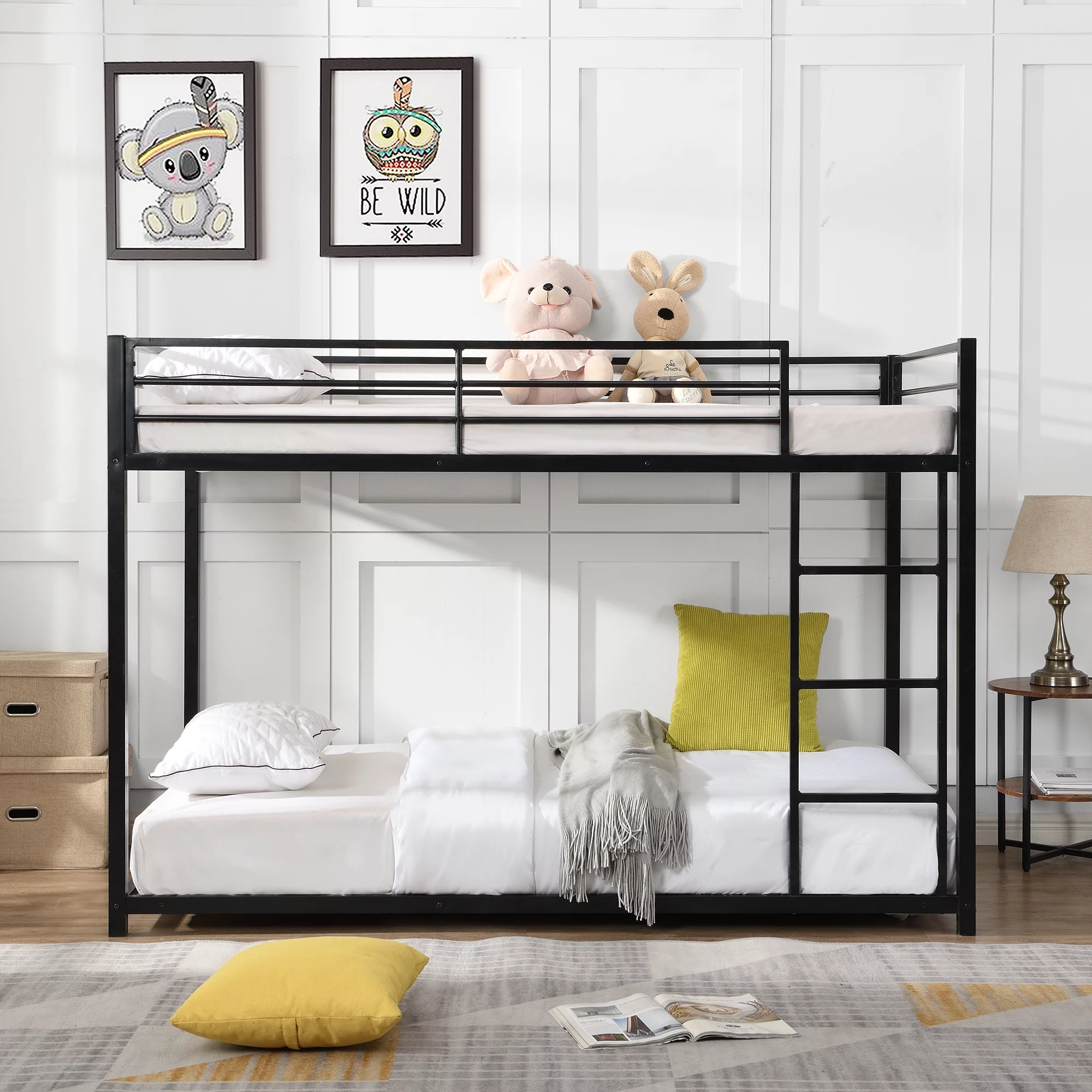 Low Bunk Bed with Ladder Metal Bunk Bed Heavy Duty Bed Frame with Safety Guard Rails & Flat Ladder for Kids Teens Adults