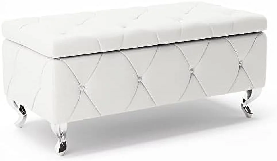 TJCGDTY Ottoman  23'' Upholstered Silver Faux Leather Ottoman with Crystal Tufted Button  Flip Top Foot  Bench for Bedroom End of Bed  Living Room