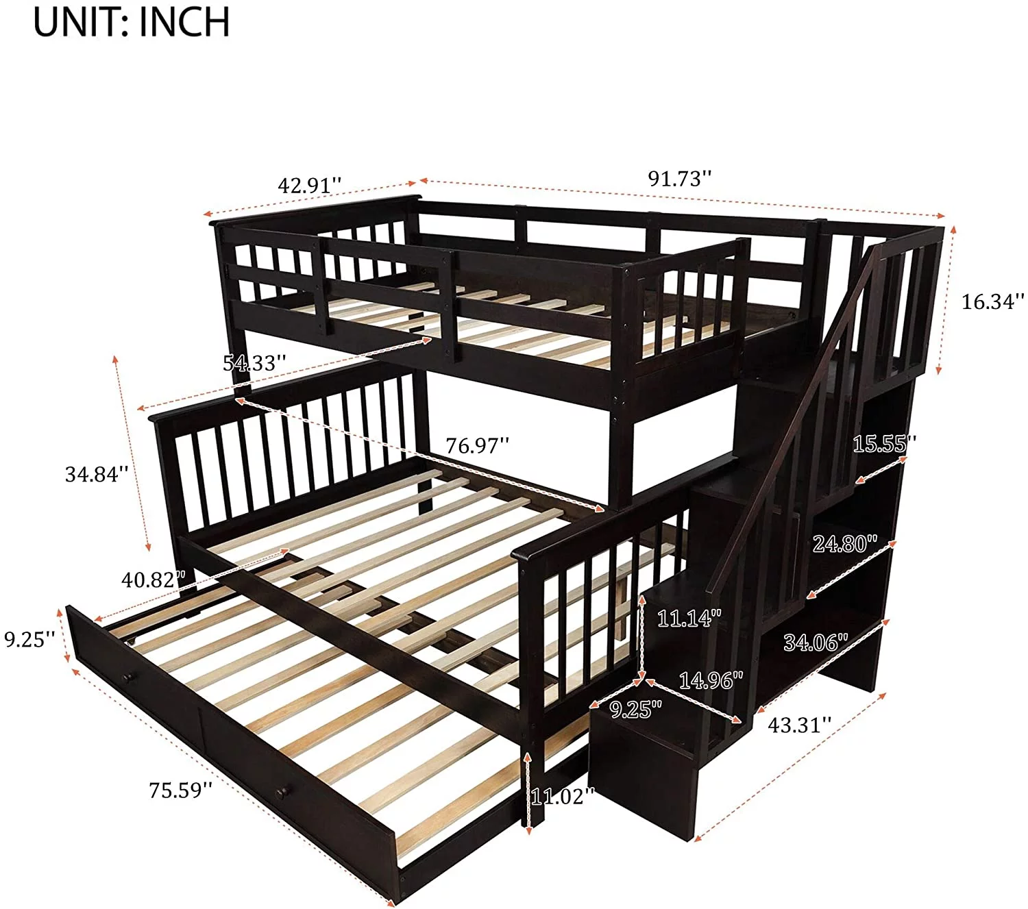 Churanty Solid Wood Twin over Full Bunk Bed with Twin Size Trundle for Kids,Espresso