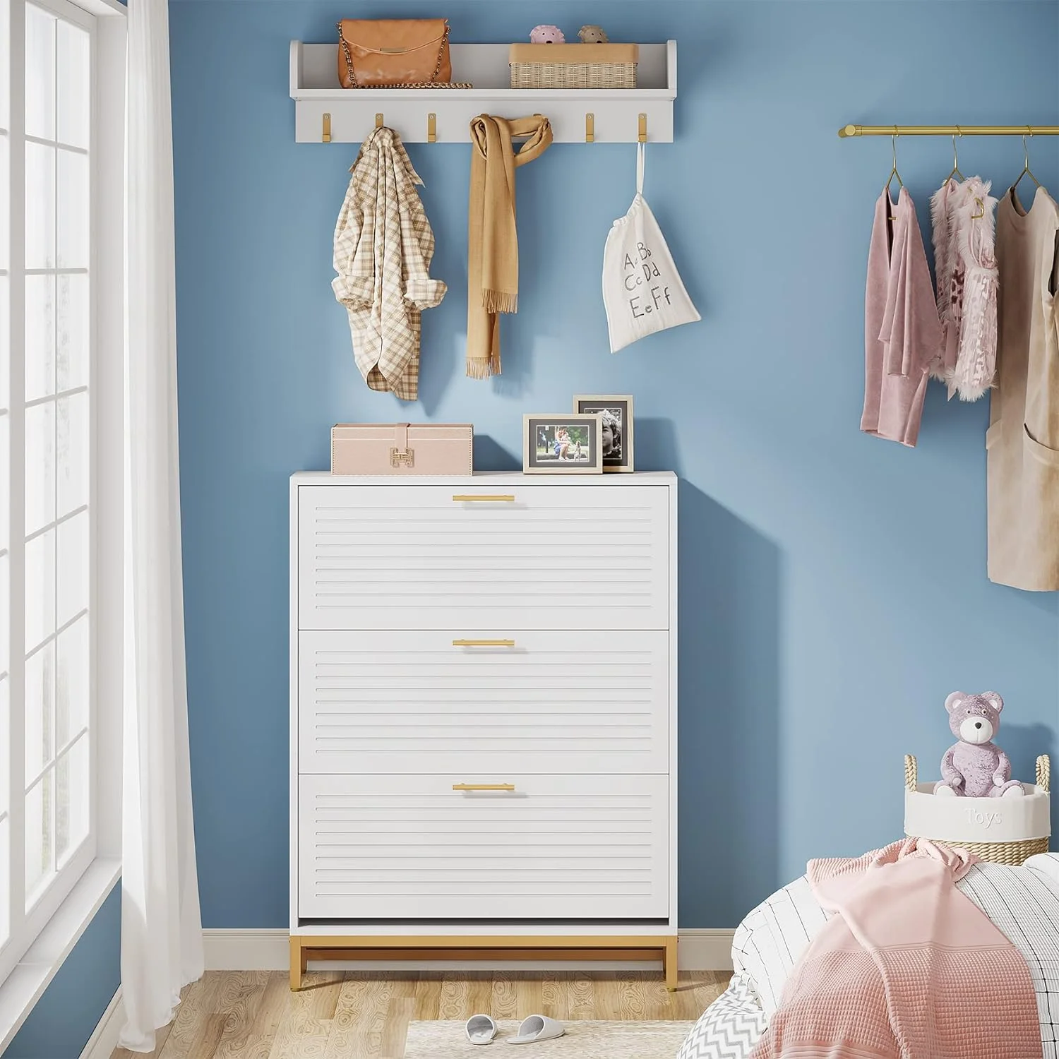 Tribesigns Modern Shoe Storage Cabinet and Wall Mount Coat Rack Set, Shoes Organizer Cabinets with 3 Flip Drawers