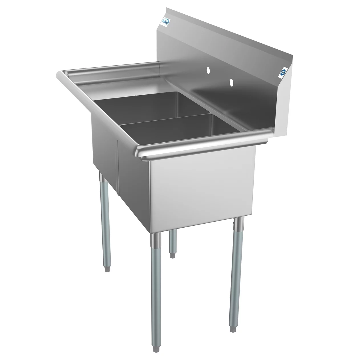 43 in. Two Compartment Stainless Steel Commercial Sink with Drainboard, Bowl Size 14