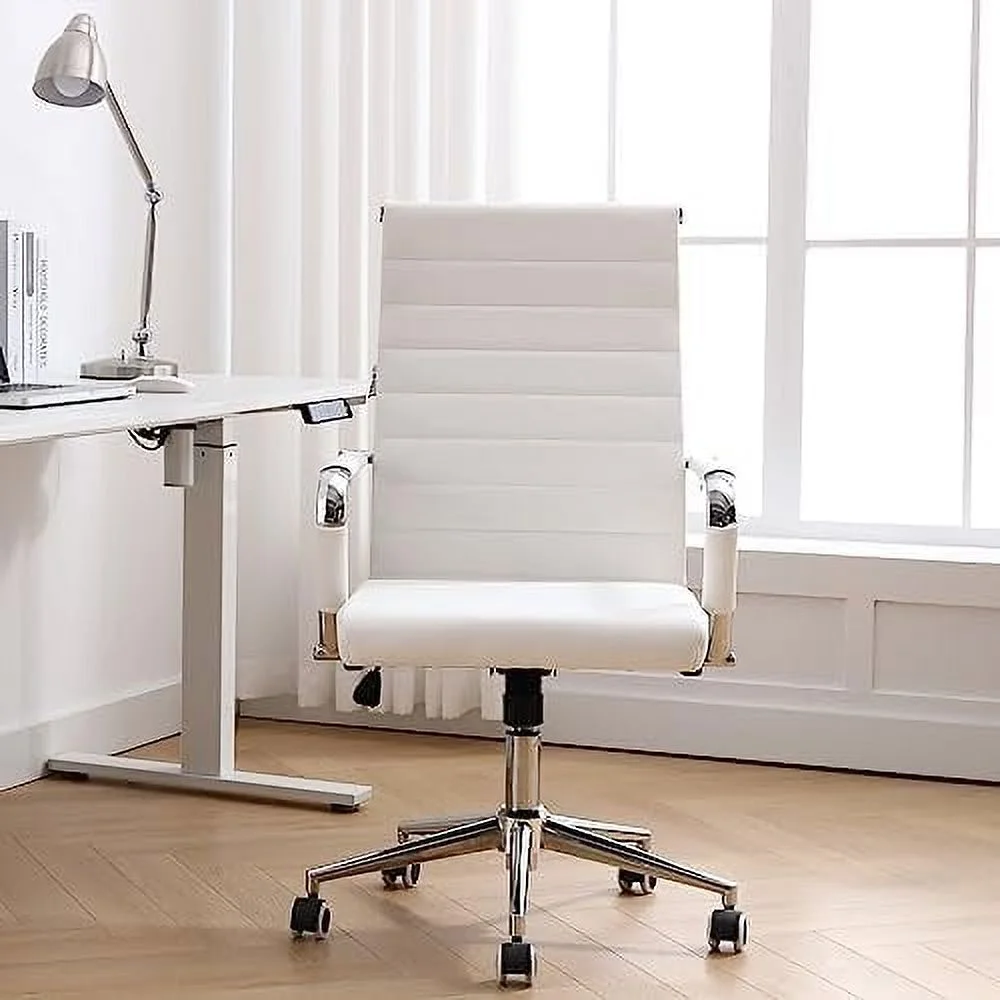 TJCGDTY Home Office Chair Ribbed  Modern Leather Conference Room Chairs  Ergonomic Office Desk Chair  High Back Executive Computer Chair  Adjustable Swivel Chair with Arms (White)