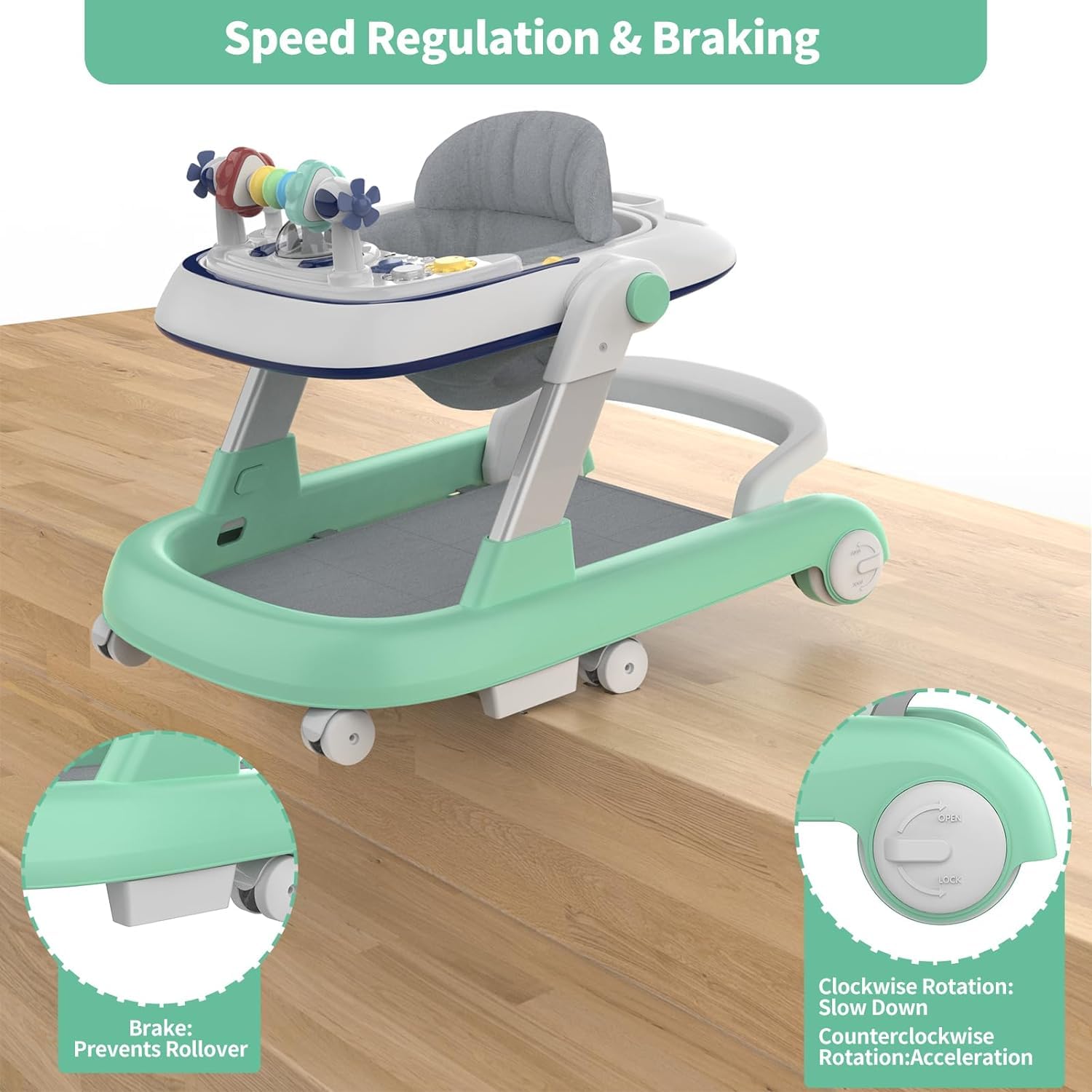 Foldable Baby Walker, Toddler Walker Bouncer, Learning-Seated, Music, Adjustable Height, High Back Padded Seat, Baby Walkers and Activity Center, Baby Walkers for Baby Boys and Baby Girls (Green)