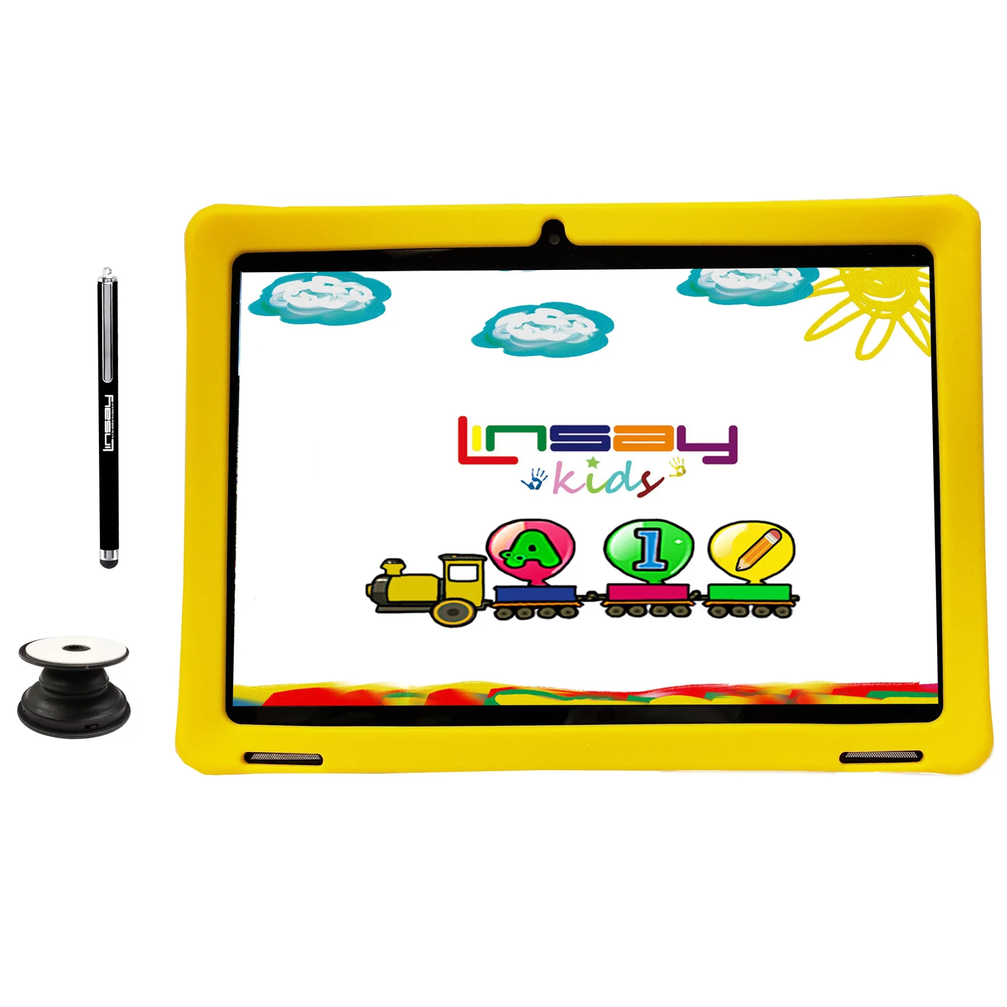LINSAY 10.1 inch Wi-Fi tablet Octa Core 4GB Ram 128GB Android 13 Tablet for kids, Camera, Apps, Games with Yellow Defender Case, LED Backpack, Earphones, Holder and Pen