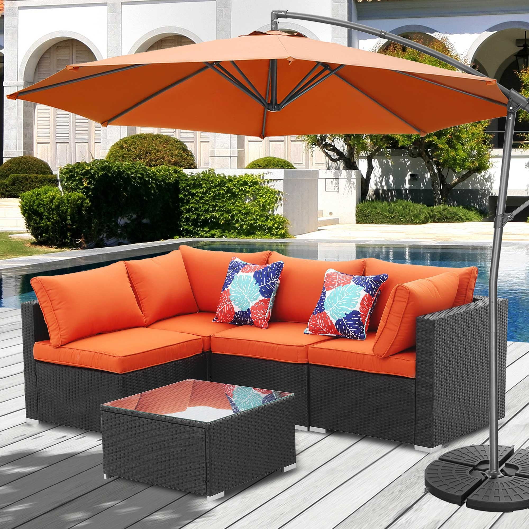 Ainfox Outdoor Patio Sectional Sofa Set Wicker Sofa 5pcs Orange sofa+umbrella
