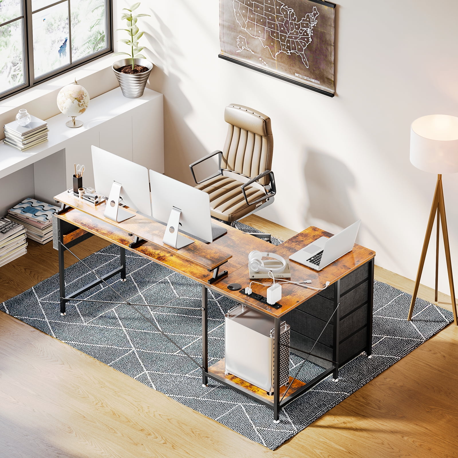 63 inch Corner Computer Desk with Power Outlets & LED Lights, Home Office Desk with 4-Tier Drawer & Storage Shelf, Ergonomic Gaming Desk with Monitor Stand, Vintage