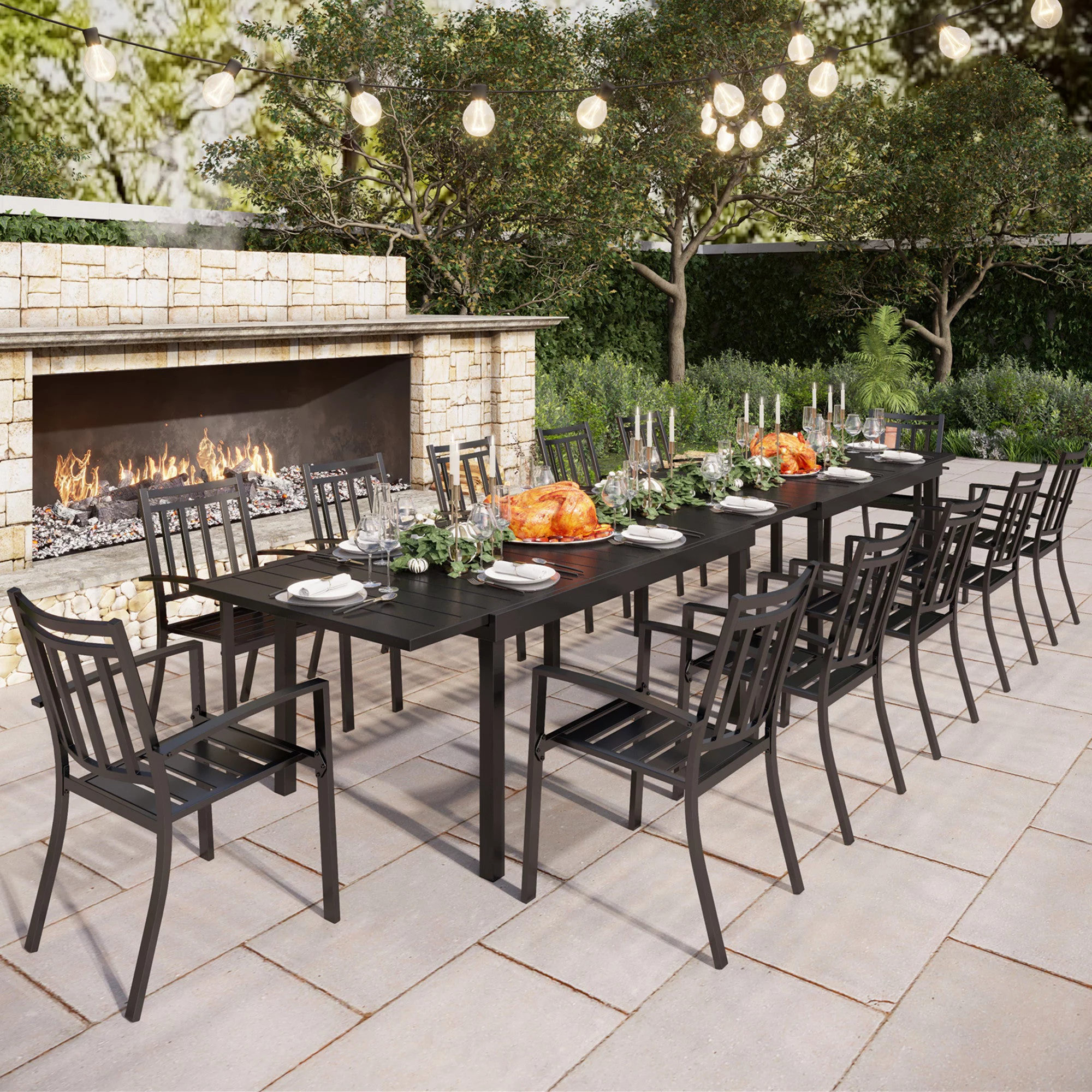 MF Studio 12-seater Patio Dining Set with 2 Extendable Tables and 12 Steel Armchairs for Thanksgiving, Family Dinner& Party, Black