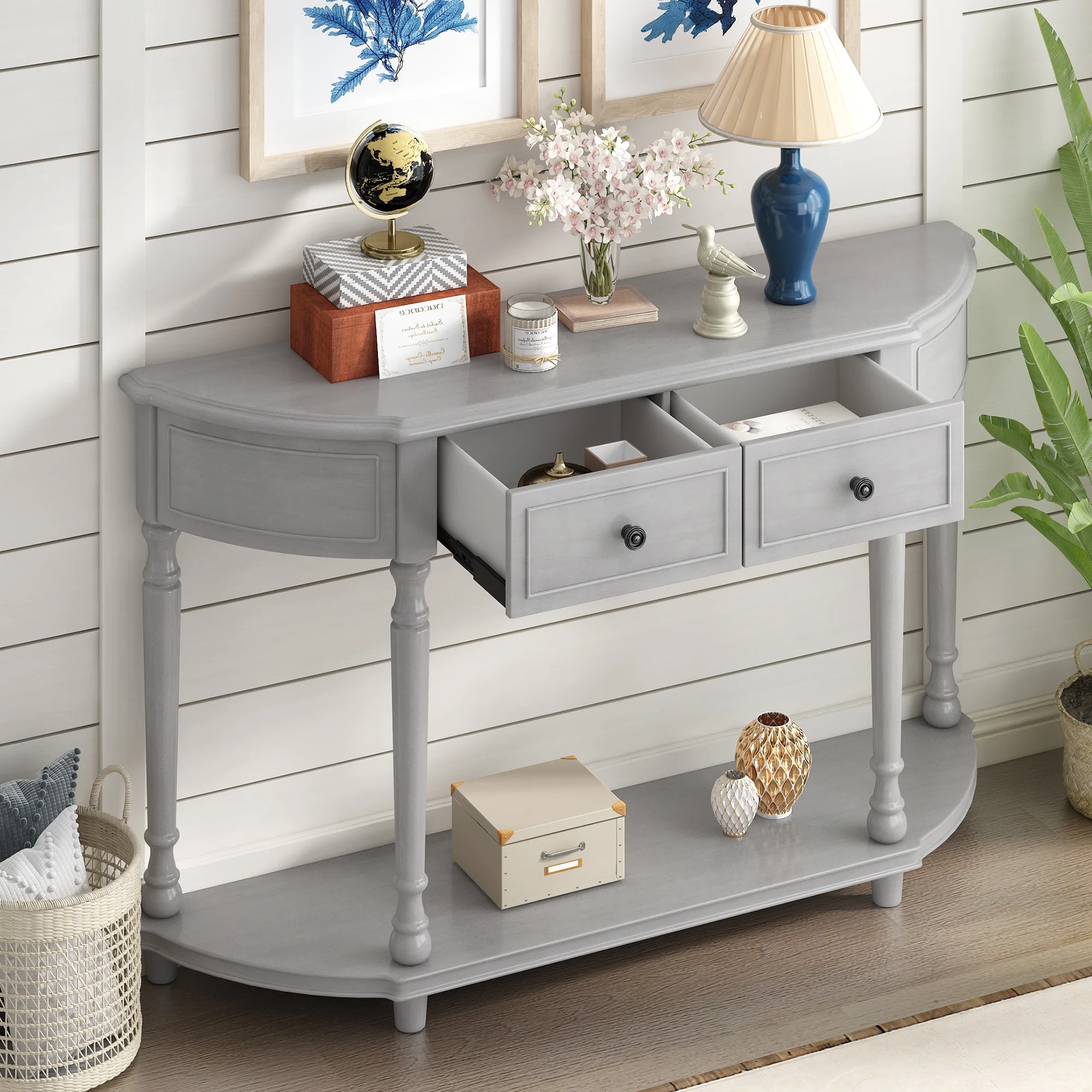 Retro Circular Curved Design Console Table with Open Style Shelf Solid Wooden Frame and Legs Two Top Drawers (Gray Wash, OLD SKU: WF298768AAE)