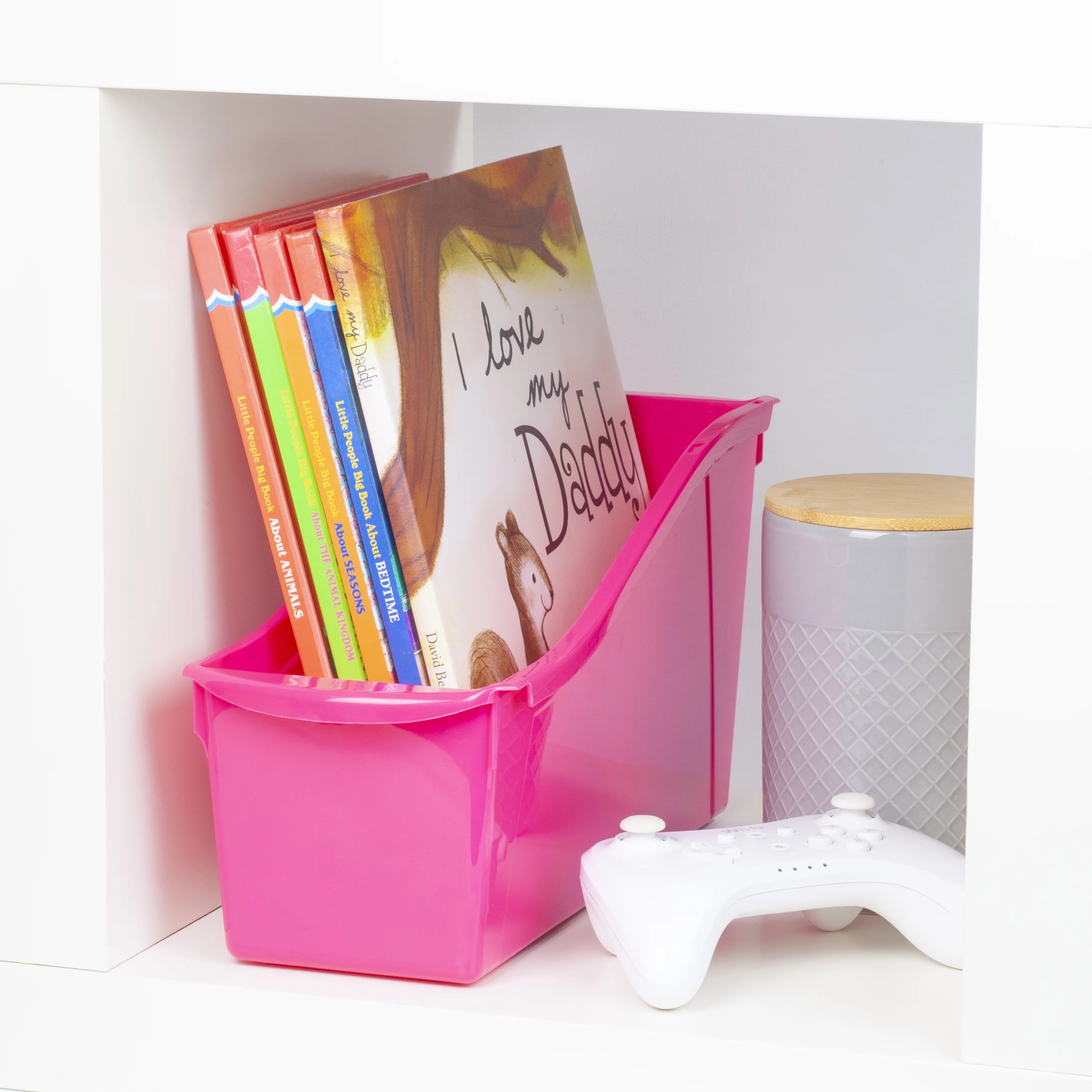 Pen+Gear Plastic Desktop Book Organzer Bin with Label Pocket, Fuchsia Burst, 6-Pack