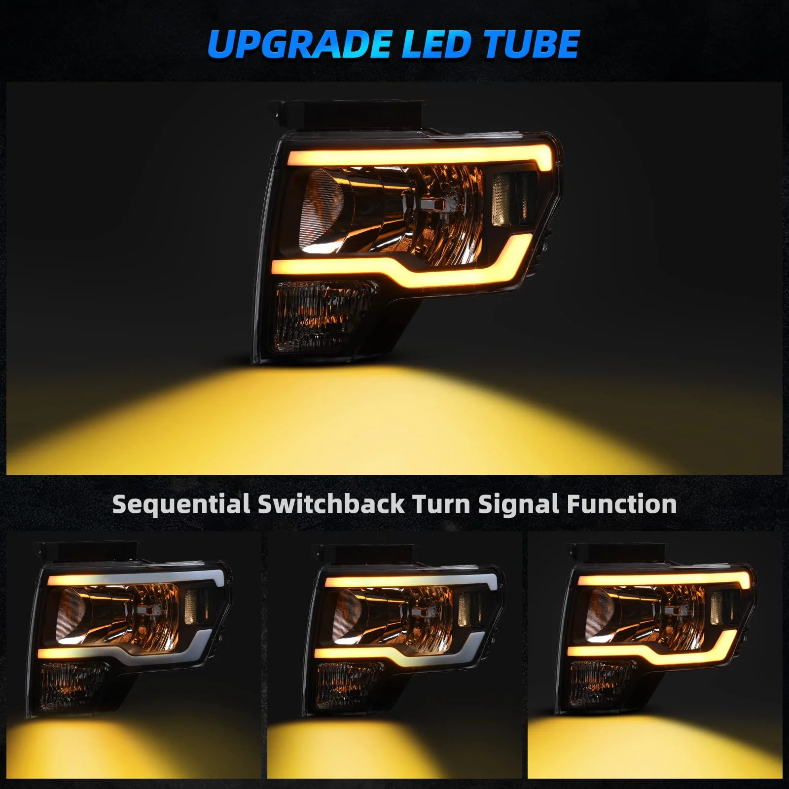 RVNI DRL LED Tube Bar Headlights Switchback Sequential Signal For 09 - 14 Ford F150