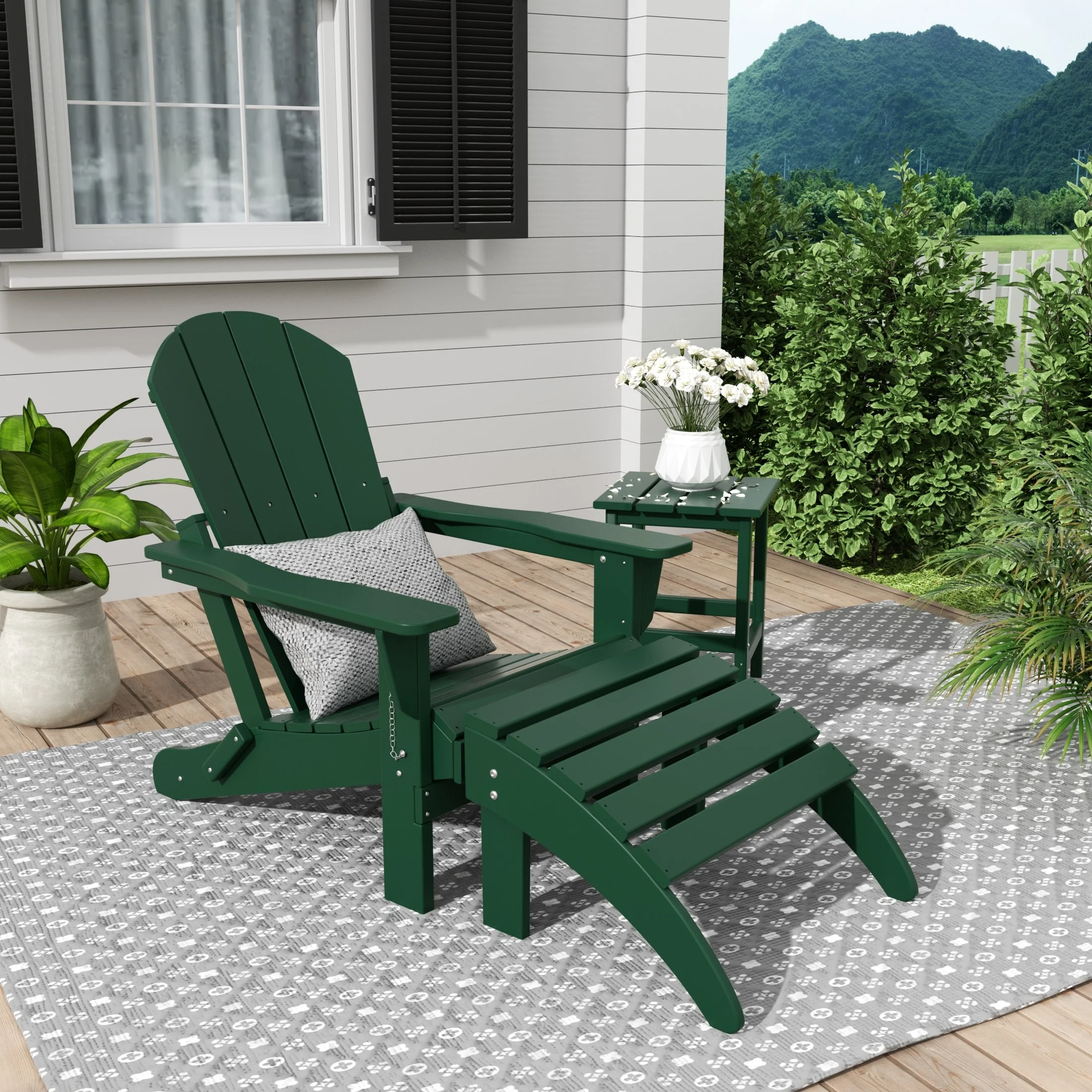Polytrends  Laguna All Weather Poly Outdoor Patio Adirondack Chair Set - with Ottoman and Side Table (3-Piece) Dark Green