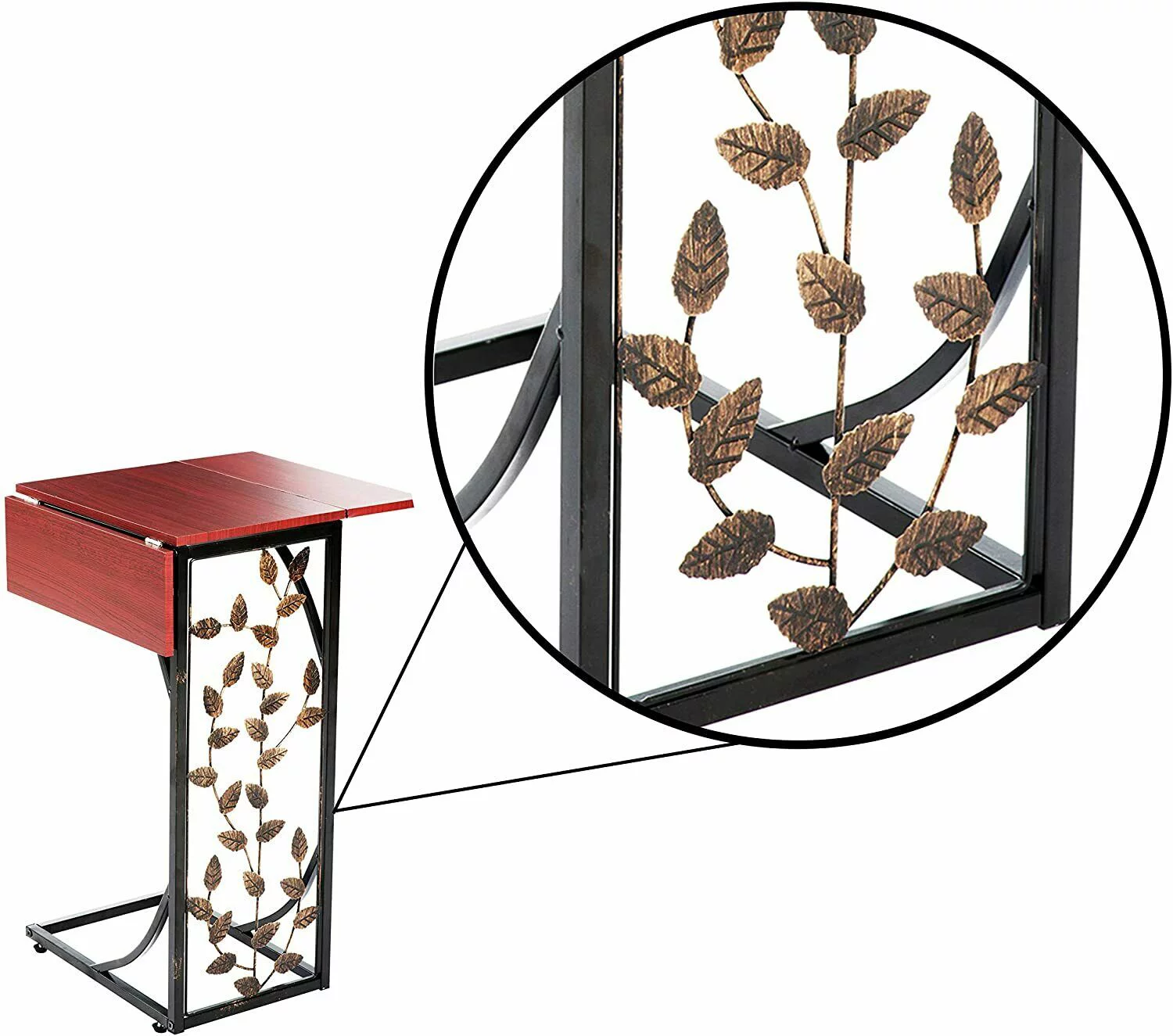 Sofa Side End Tables - Small Metal Leaf Design with Expandable Top - C-Shaped TV Tray Slides Up To Couch, Chair, Recliner to Keep Snacks, Drinks, Accessories at Easy Reach -Set of 2