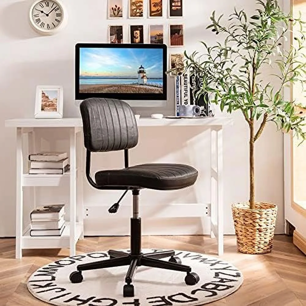 ZFGSUIJN Leather Office Chair  Armless Low-Back Computer Desk Chair  Retro Swivel Rolling Task Chair Height Adjustable PU Leisure Office Chair for  Teens Adults (2  Black)