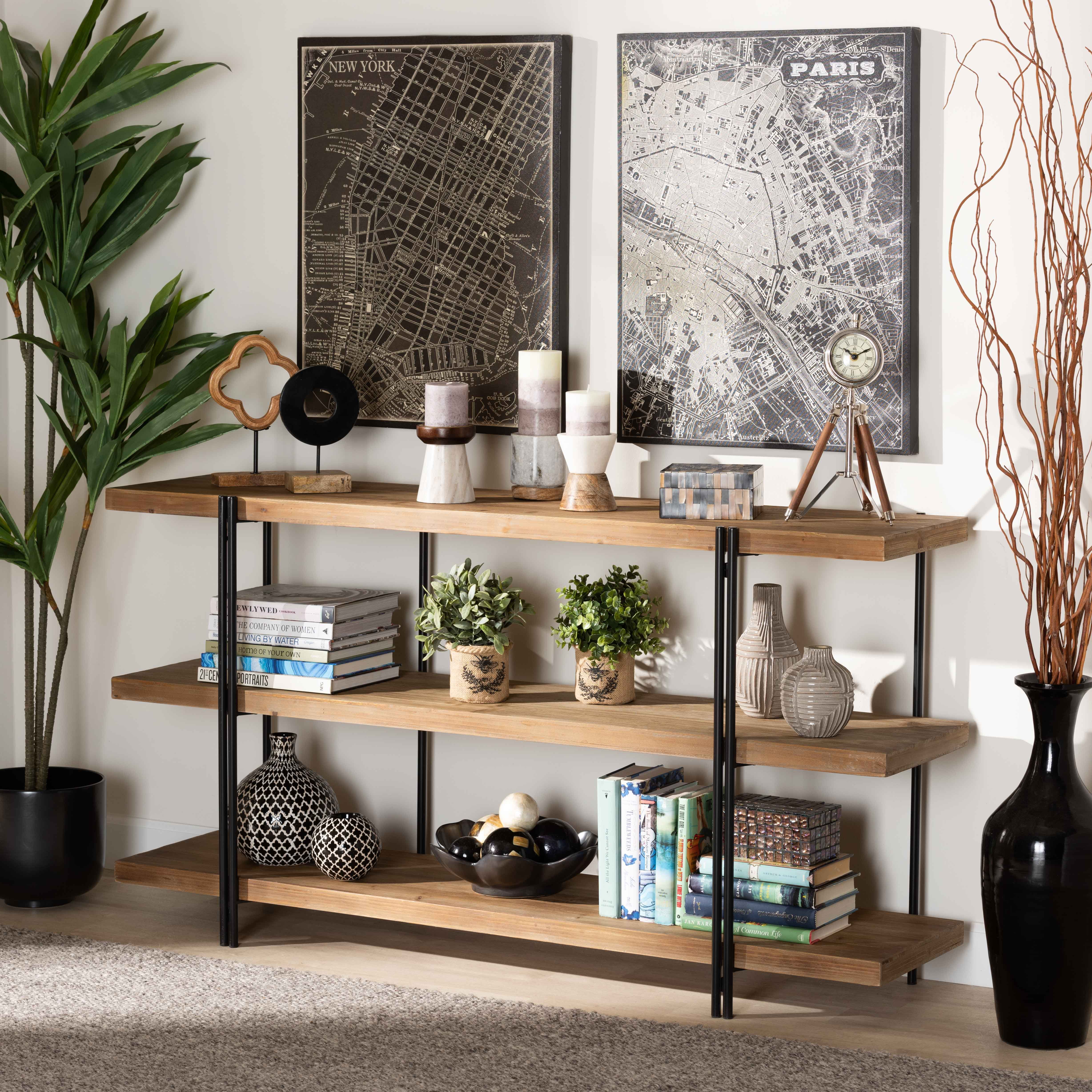 Baxton Studio Tarah Modern Metal Console Table with Shelves, Natural Brown/Black