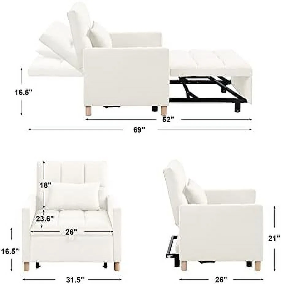HBROLJF 3-in-1 Single Convertible Chair Bed Sleeper Sofa Chair Bed with Pillow Multi-Functional Sleeper Chair with Adjustable Backrest pullout Bed with Teddy Fabric for Apartment(Yellow a