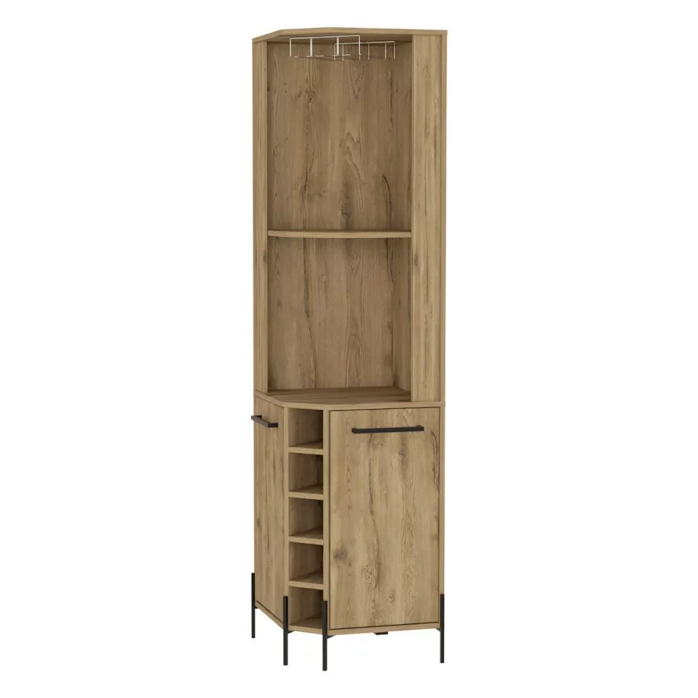 Treevol Furniture, Corner Bar Cabinet Shopron, Two Shelves, Five Wine Cubbies, Aged Oak Finish