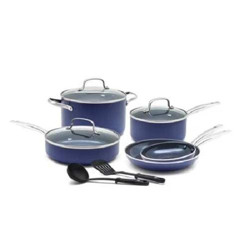 Refurbished Blue Diamond Ceramic Non-Stick Cookware Set, 10pc, Blue