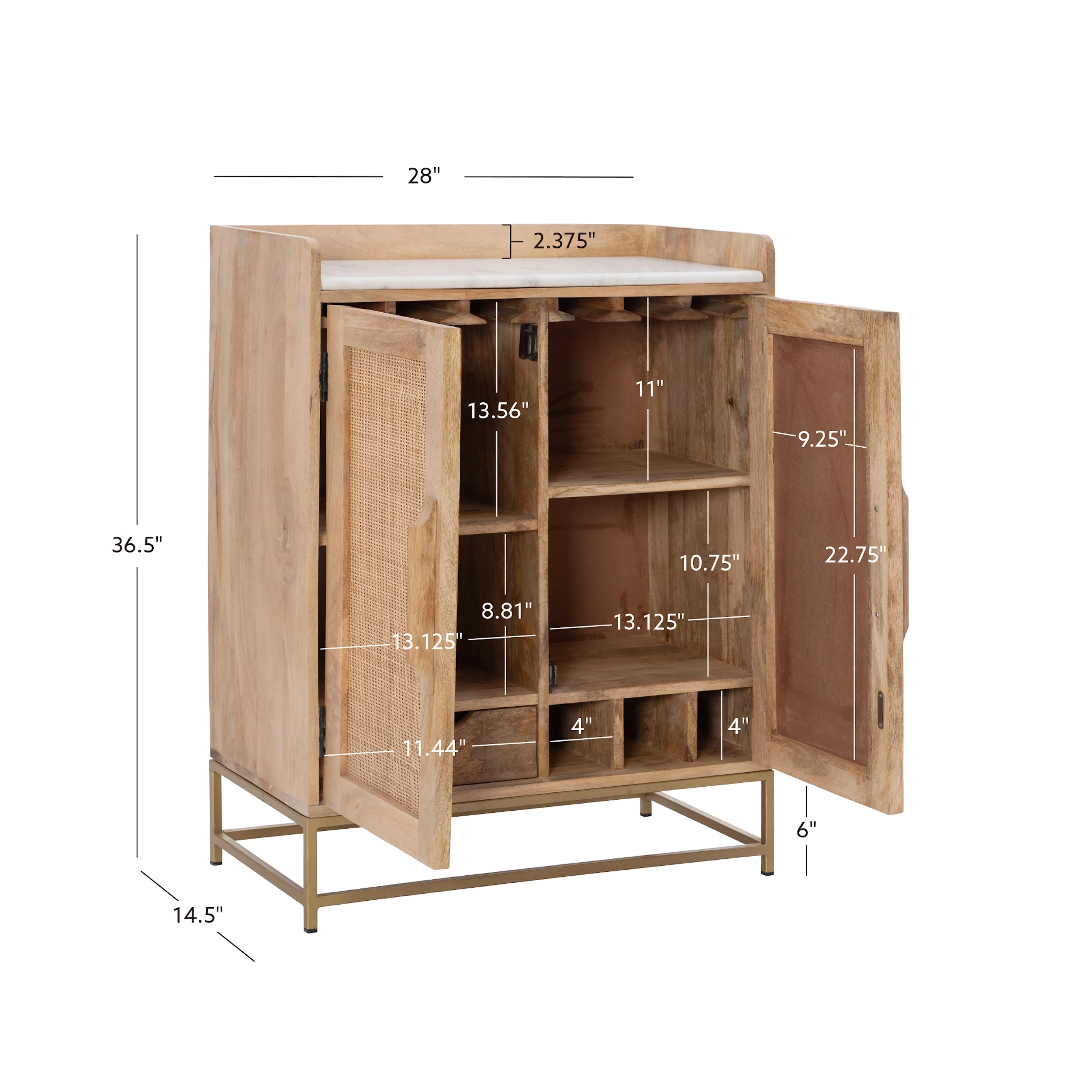 Blair Rattan Bar Cabinet, Natural with White Marble Top