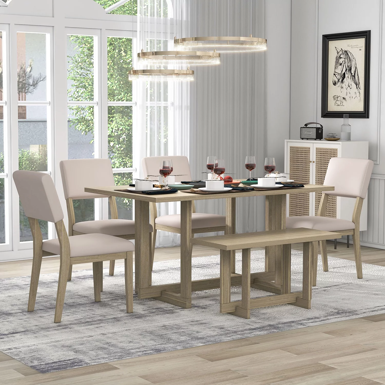 Churanty Dining Table Set for 6 with Rectangular Table and 4 Upholstered Chairs & Bench for Kitchen Living Room, Gray