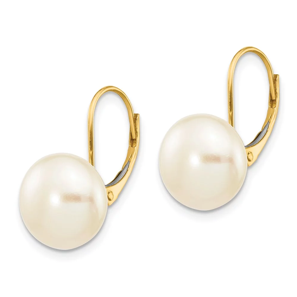 Real 14kt Yellow Gold 10-11mm White Button Freshwater Cultured Pearl Leverback Earrings; for Adults and Teens; for Women and Men