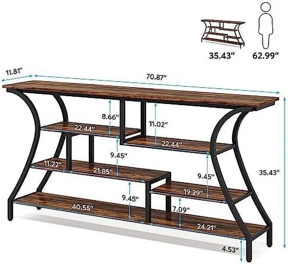 SJOPLMN 70.9 Inch Extra Long Console Table  Industrial Narrow Sofa Table with  Shelves  4 Tier Entryway Table Behind Couch for Hallway Foyer Living Room (Rustic Brown)