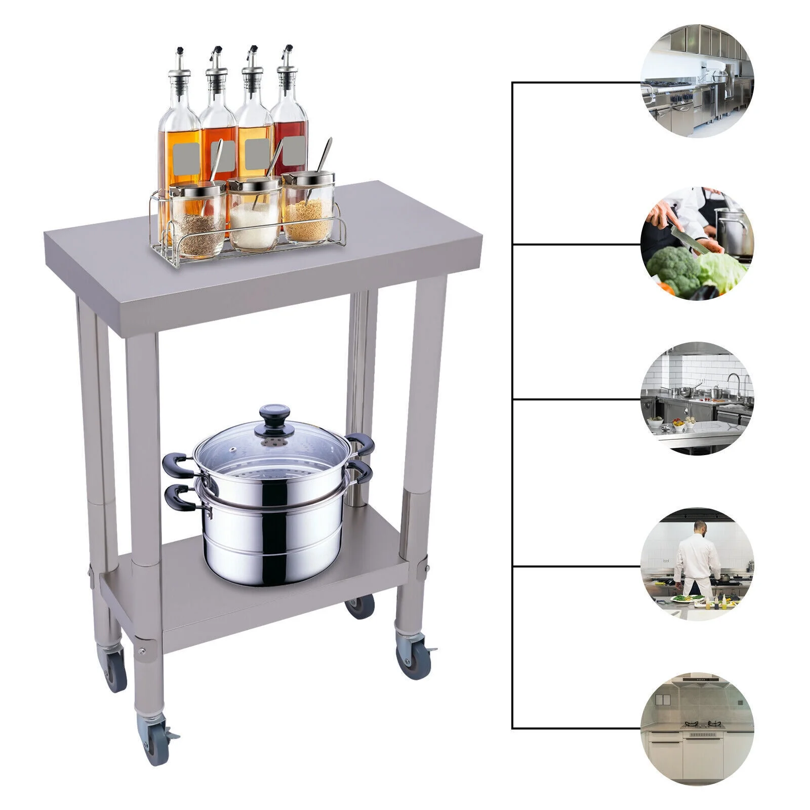 Commercial Food Prep Table, Stainless Steel Metal Work Table Workbench with Wheels & Shelves for Restaurant Kitchen Silver 23.62*17.72*33.46in,  Load 300kg