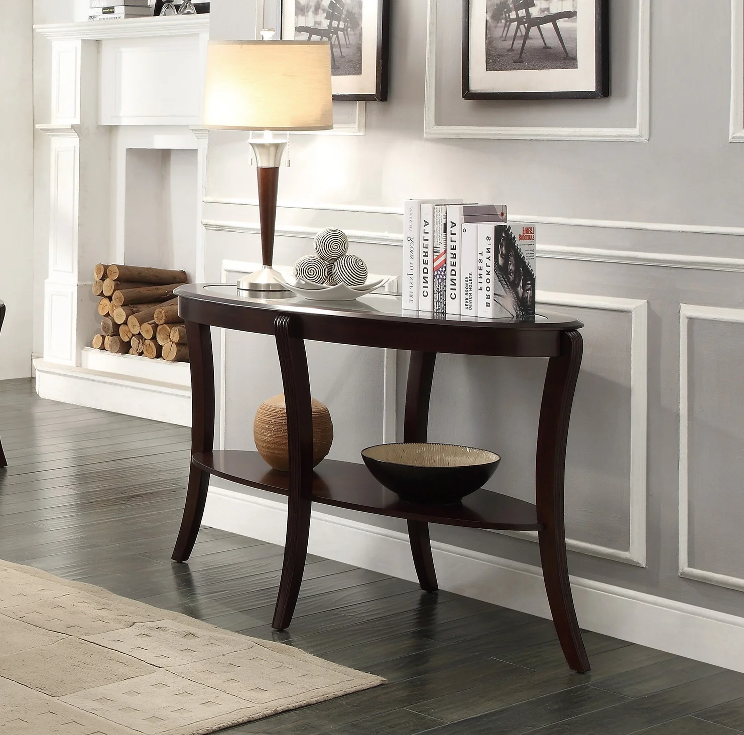 Stylish Living Room Furniture with Rich Espresso Finish and Glass Inserted Top - 1pc Sofa Table featuring Elegant Curve Legs and Spacious Lower Display Shelf