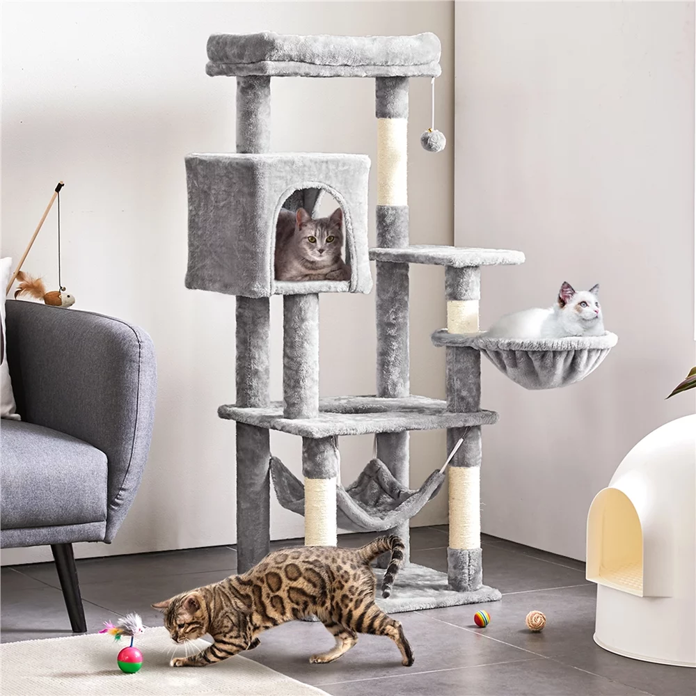 Topeakmart 52in Multilevel Cat Tree Condo Scratching Posts with Basket Hammock, Light Gray