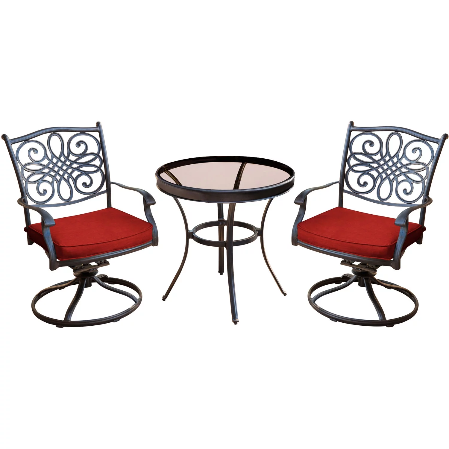 Hanover Traditions 3-Piece Swivel Bistro Set in Red with a 30 in. Glass-top Table