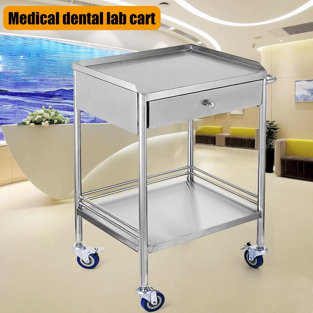 Miumaeov 2 Layer Medical Hospital Lab Emergency Rolling Trolley Single Drawer Mobile Stainless Steel Serving Cart Stand with Wheels