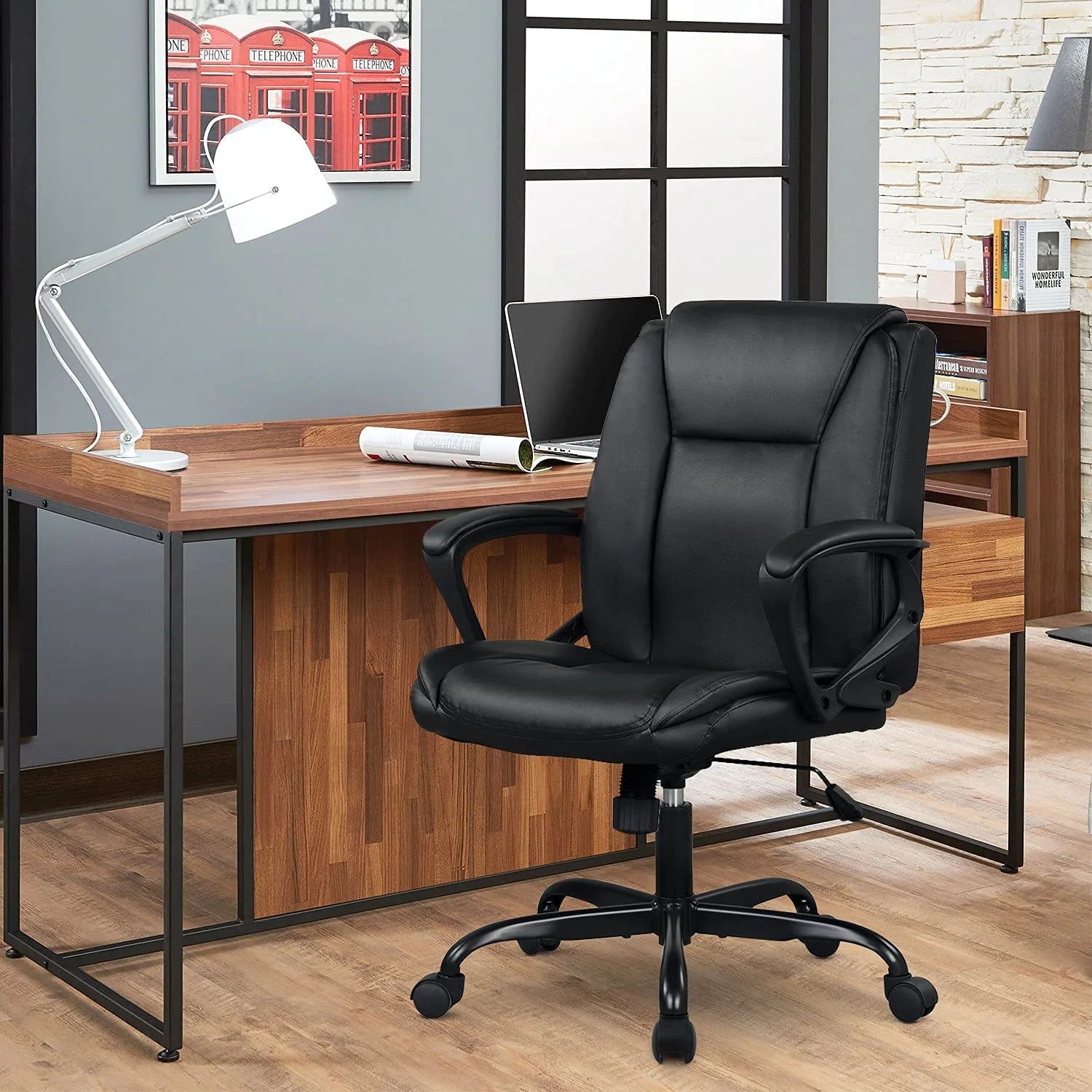 Home Office Chair Mid Back Executive Office Chair Ergonomic Computer Desk Chair with Armrest and Lumbar Support Adjustable Rolling Swivel Chair Faux Leather Chair for Home Office 250LBS, Black