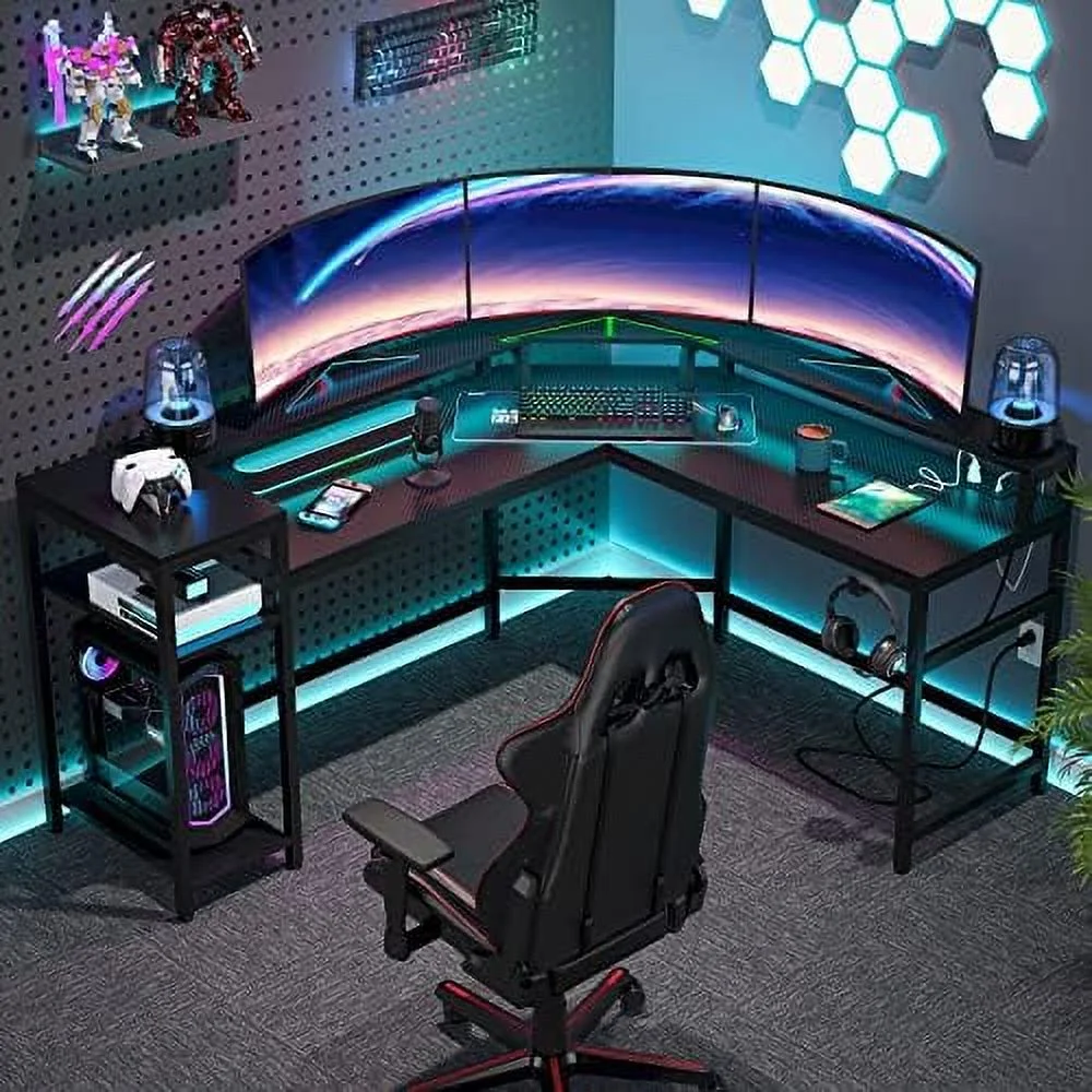 GVJMTKP Black Gaming Desk with Power Outlets & LED Strips  L-Shaped Computer Desk with  Shelves  Black Modern Writing Desk for Home Office  Corner Computer Desk with Hutch