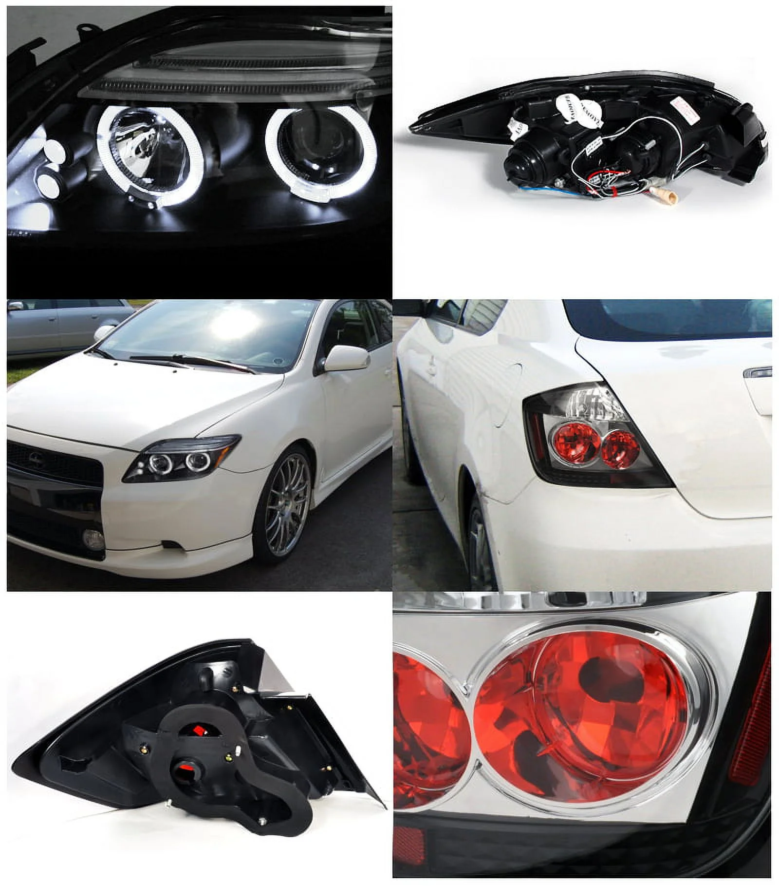 Spec-D Tuning Black Halo SMD Strip Projector Headlights + 6-LED Bumper Fog Lamps Compatible with tC Left + Right Pair Headlamps Assembly