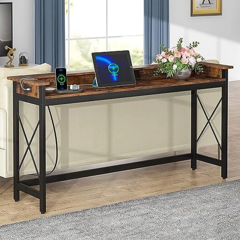 TJUNBOLIFE Sofa Table with Outlets and USB Ports  70.9 inch Extra Long Console Table Behind Couch with Charging Station  Industrial Narrow Entryway Hallway Accent Table for Living Room