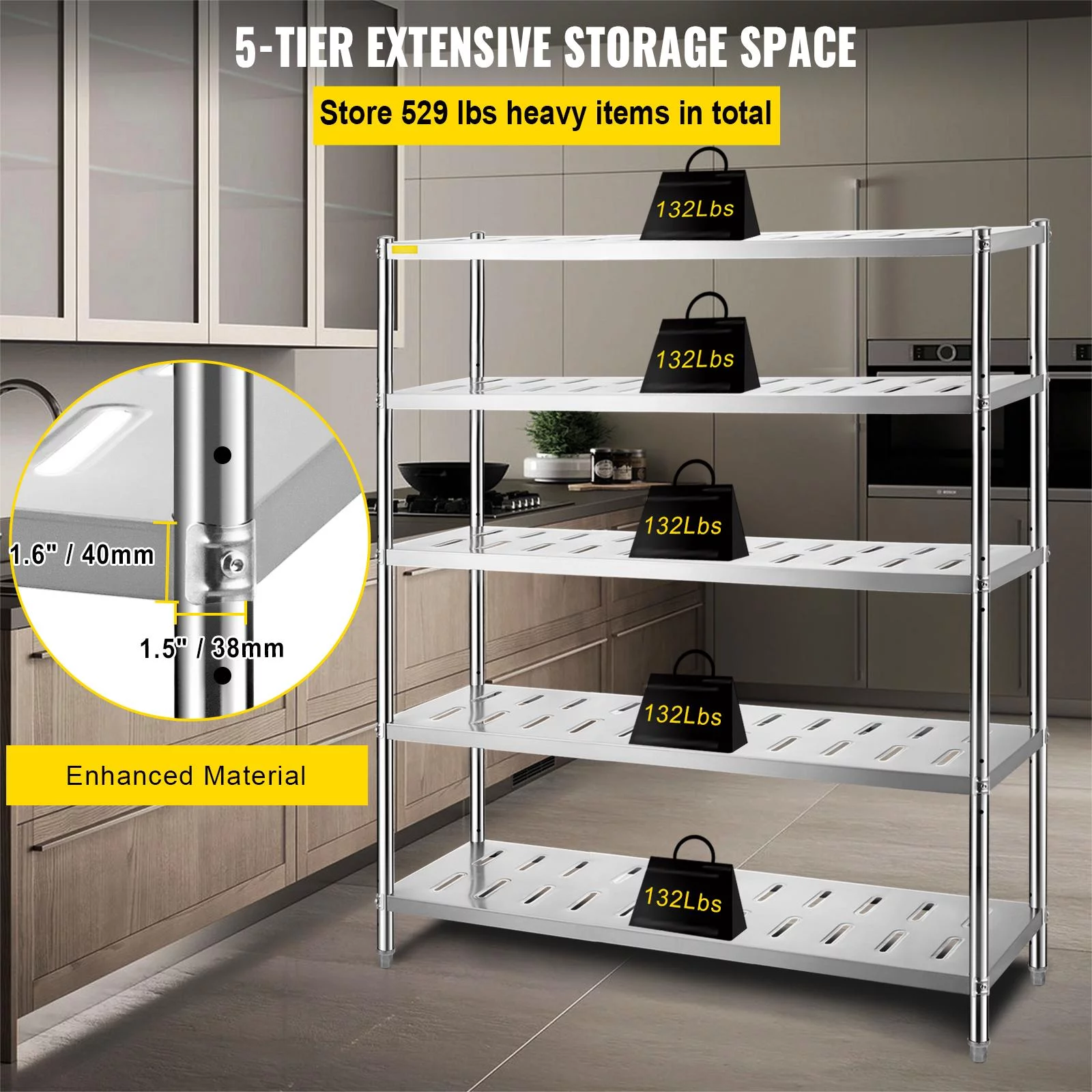 BENTISM Garage Shelf Heavy Duty Shelving 5-Tier 59.1x17.7x70.9 in Stainless Steel