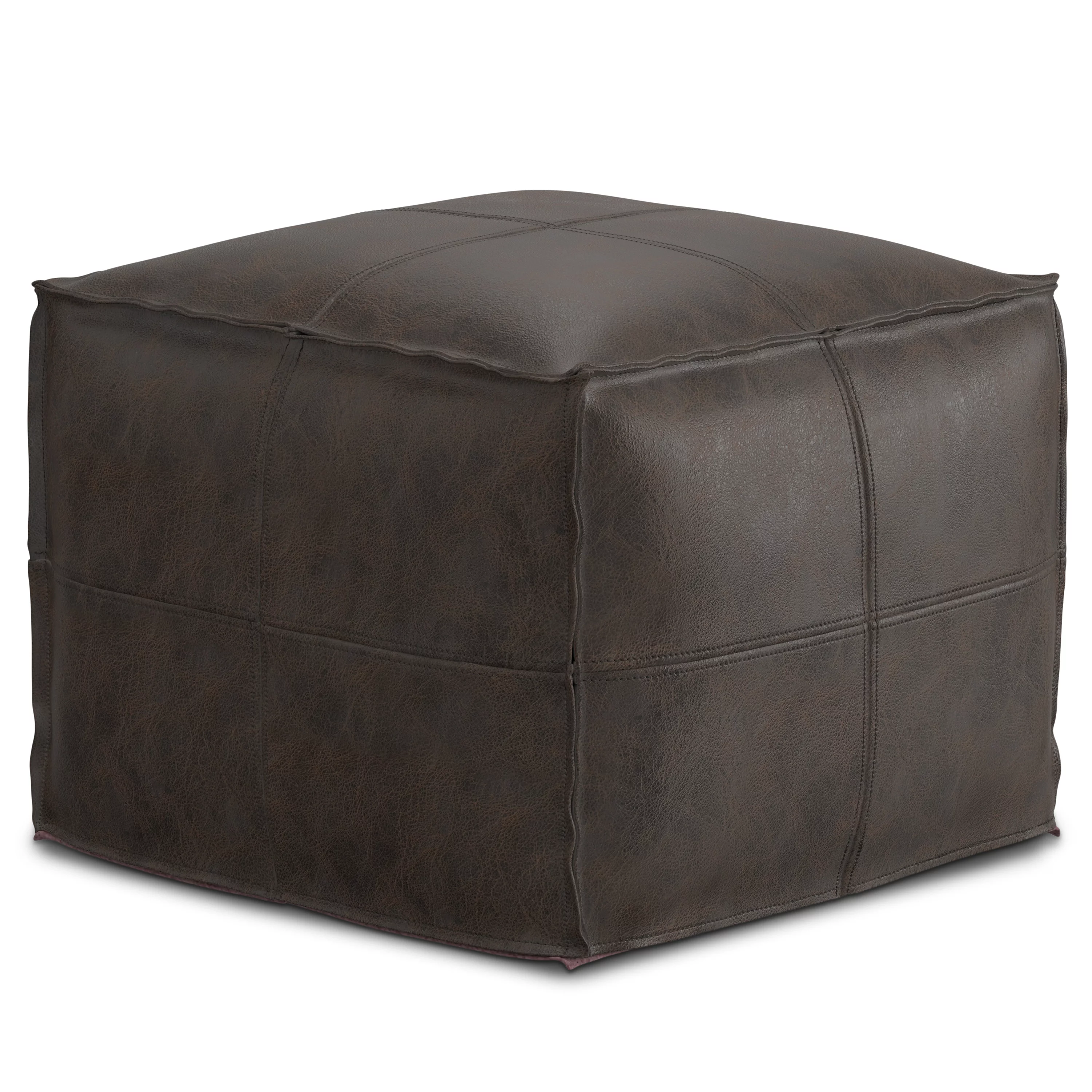 Simpli Home Sheffield Boho Square Pouf in Distressed Dark Brown Leather