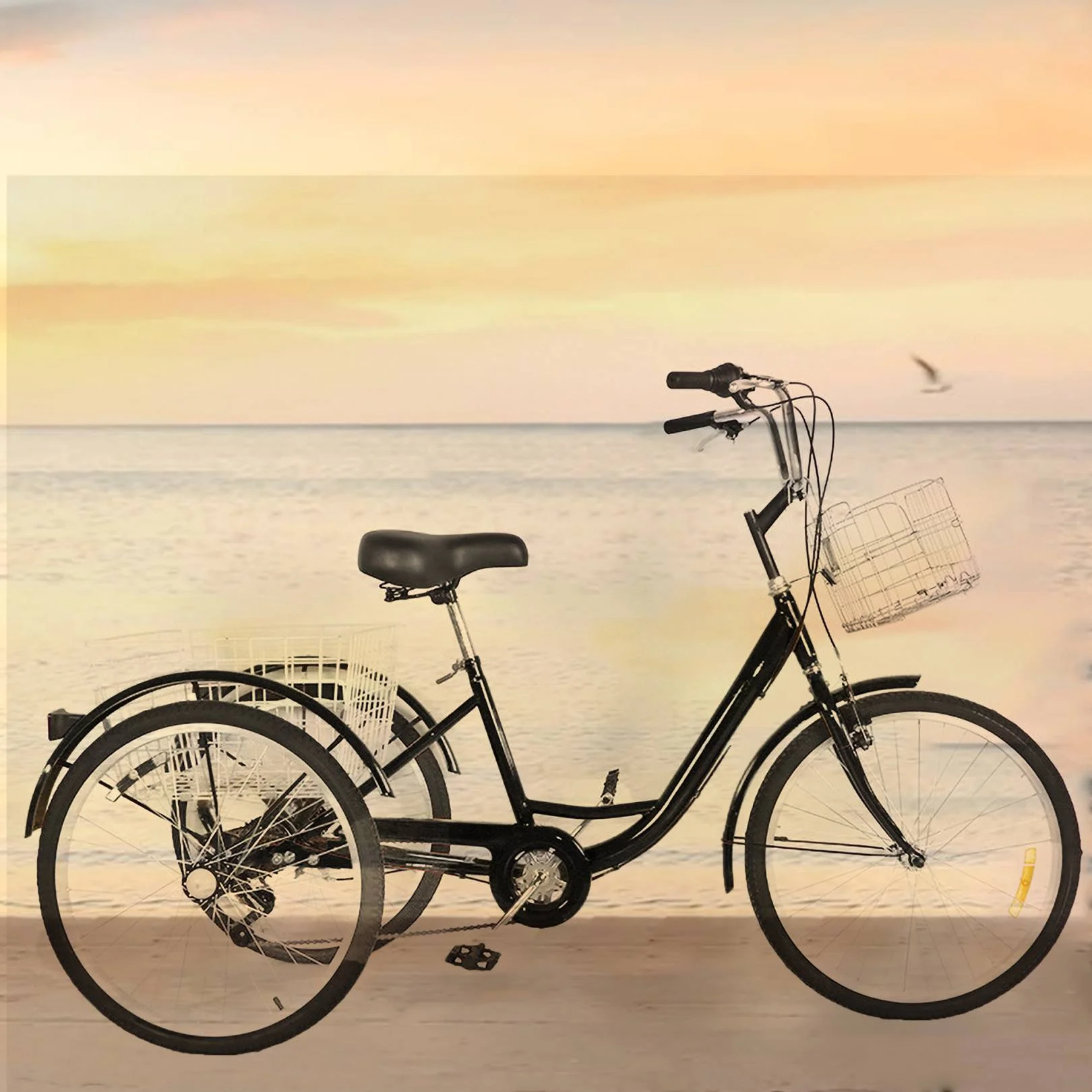 Dinling 7 Speed Adult Tricycle, 26-Inch 3 Wheels Bike, Low Step-Through Frame, Large Cruiser Seat, Front and Rear Basket, Black