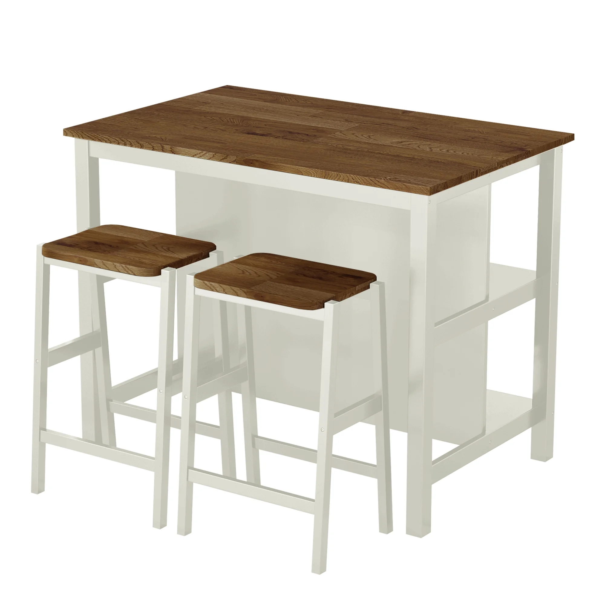 Rustic Retro 3 PCS Dining Table Set: Breakfast Table with Dining Stools, Rubber Wood, Two Open Shelves, Cream White, Ideal for Small Space Kitchen or Dining Room.