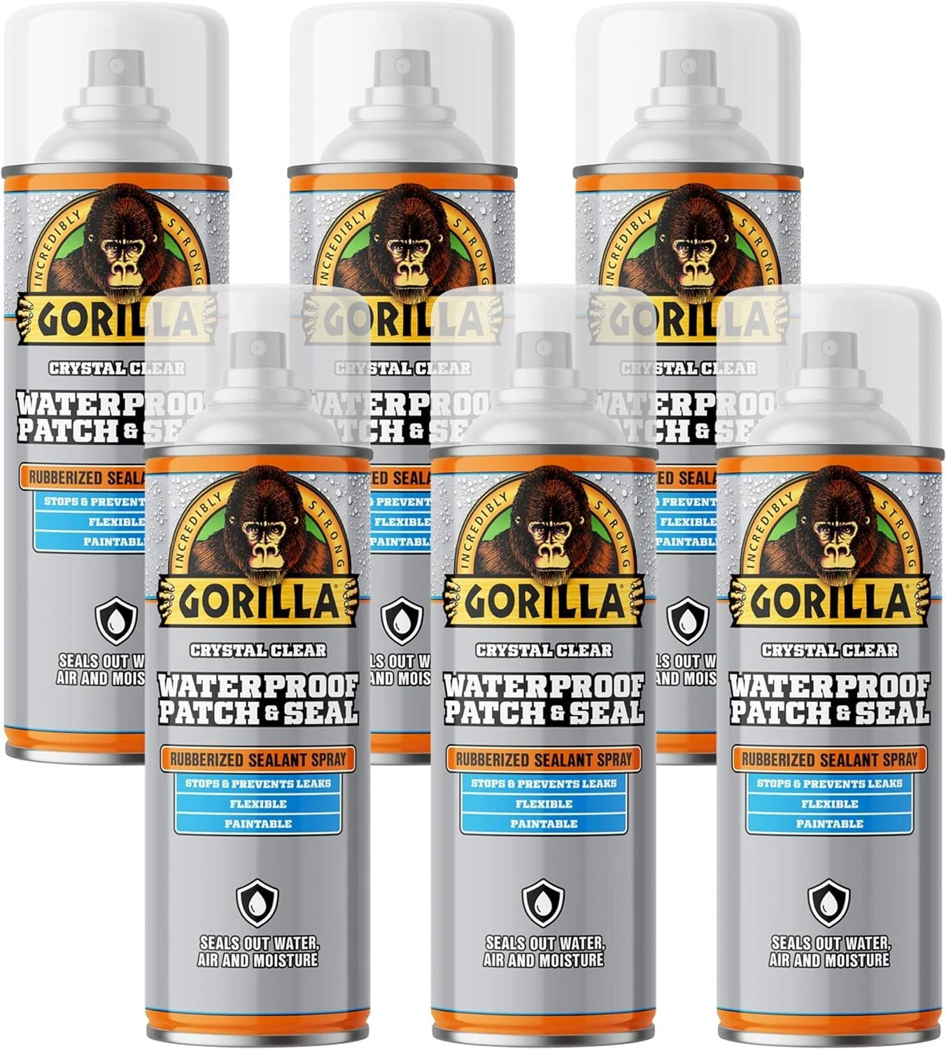 Gorilla Waterproof Patch & Seal Rubberized Sealant Spray, Crystal Clear, 14oz Bulk Pack of 6