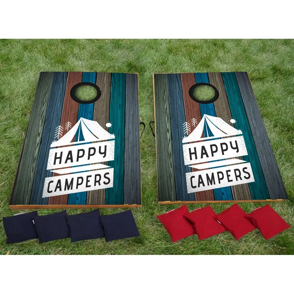 Happy Campers Cornhole Game Set - Camping Themed Bag Toss Game - 8 Bags Included - Wooden Boards