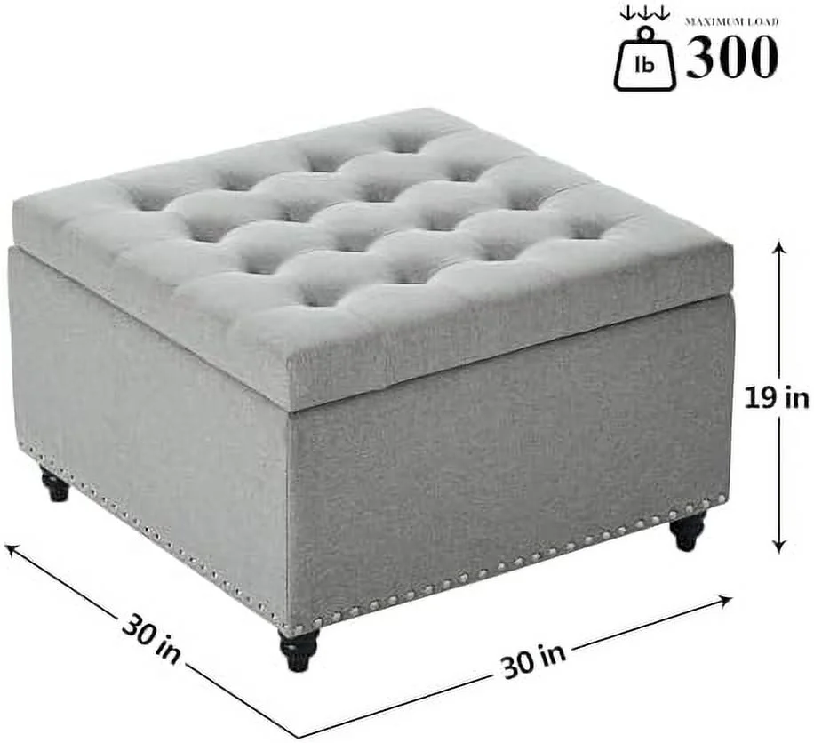 HBLUKDL Square  Ottoman Bench  Large Ottoman Coffee Table with  for Living Room  Oversized Upholstered Ottoman  Foot Stool  Tufted Ottoman Footrest for Couch (Silver Gray)