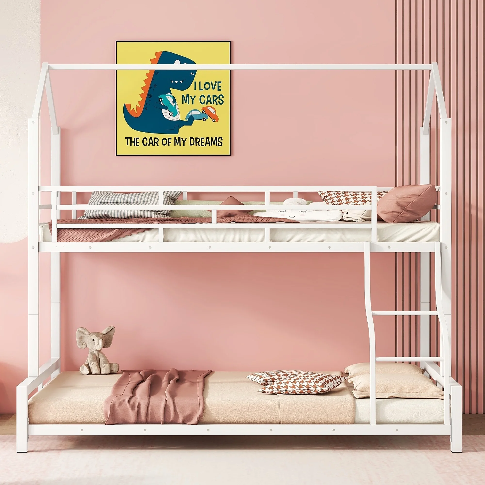 EUROCO Metal Twin over Full House Bunk Bed for Kids Bedroom, Seperate 2 Beds in One, White