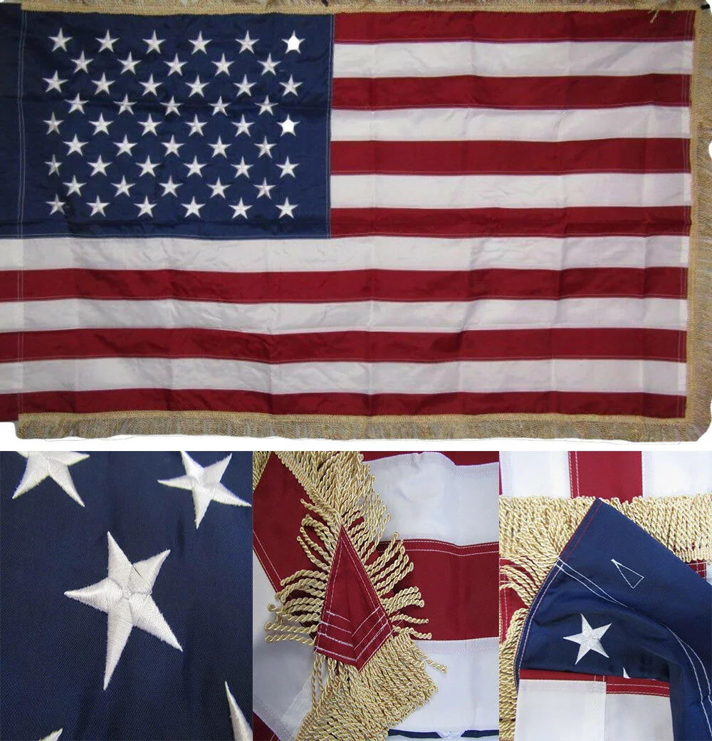 3x5 Embroidered Sewn USA American Gold Fringe Sleeve 210D Nylon Flag 3'x5'