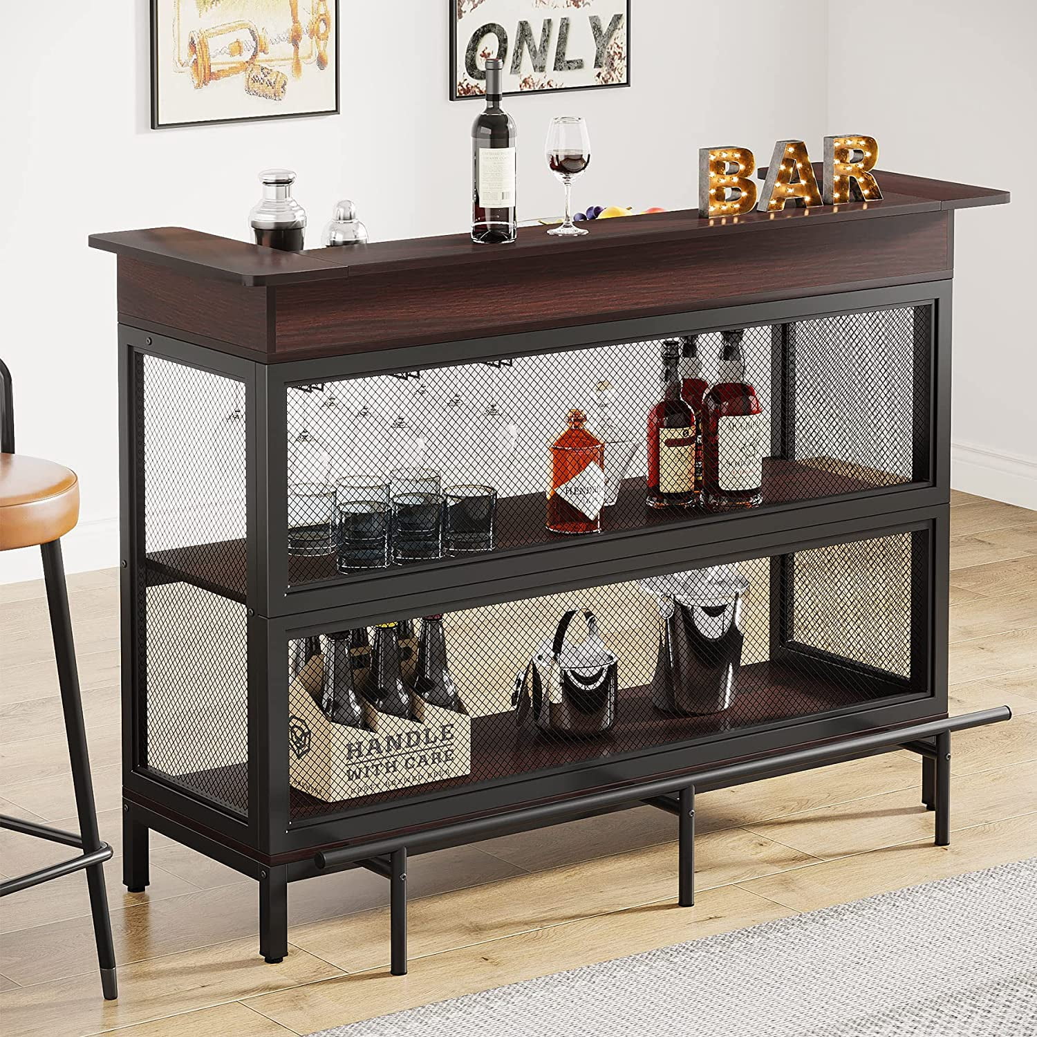Industrial Home Bar Unit, 3 Tier Liquor Bar Table with Stemware Rack and Wine Storage Display Shelf, Mini Bar Cabinet with Glass Holder Footrest and Mesh Front