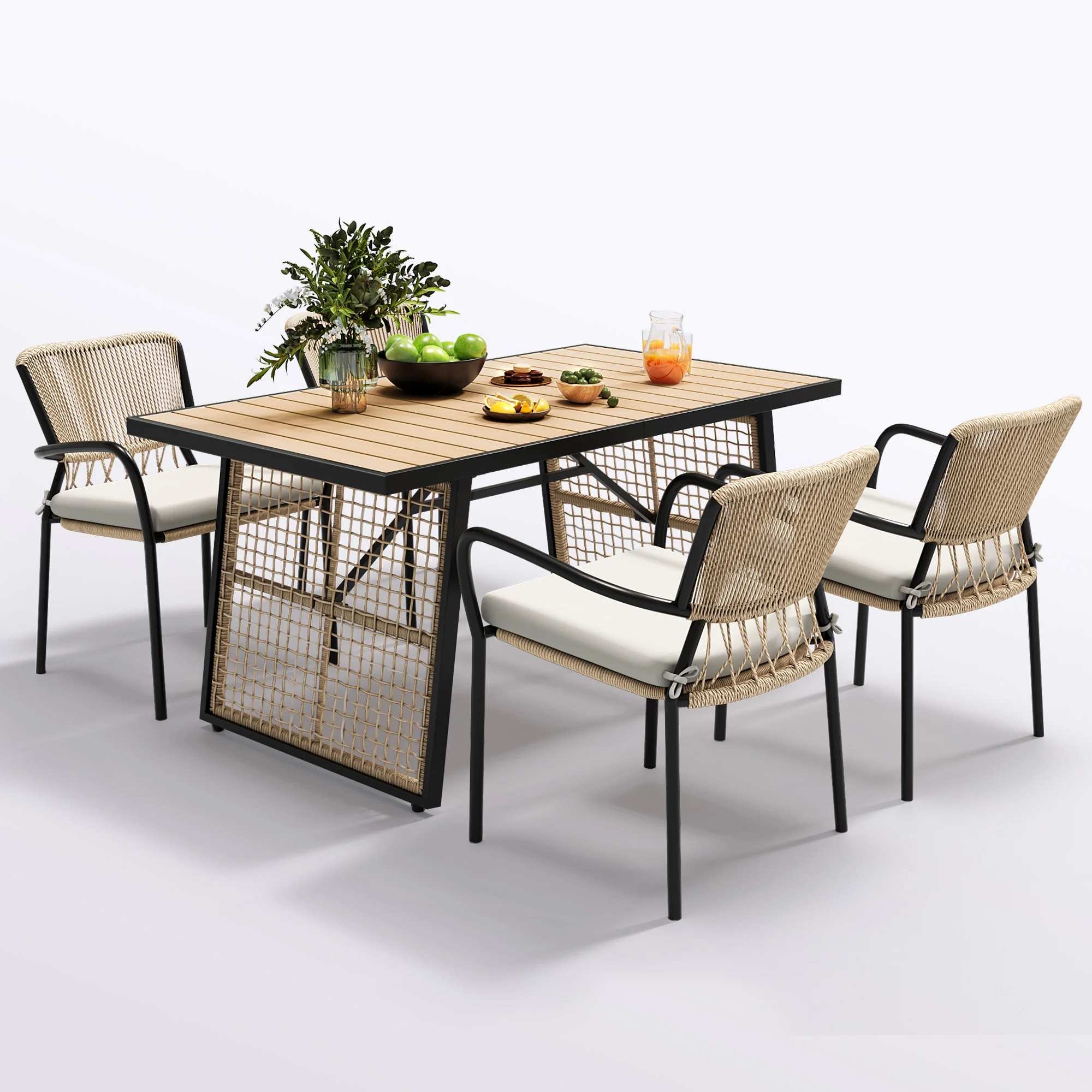 DWVO 5-Piece Patio Outdoor Dining Set, 4 Rattan Wicker Dining Chairs with Cushions and Rectangular Dining Table with Umbrella Hole - Beige