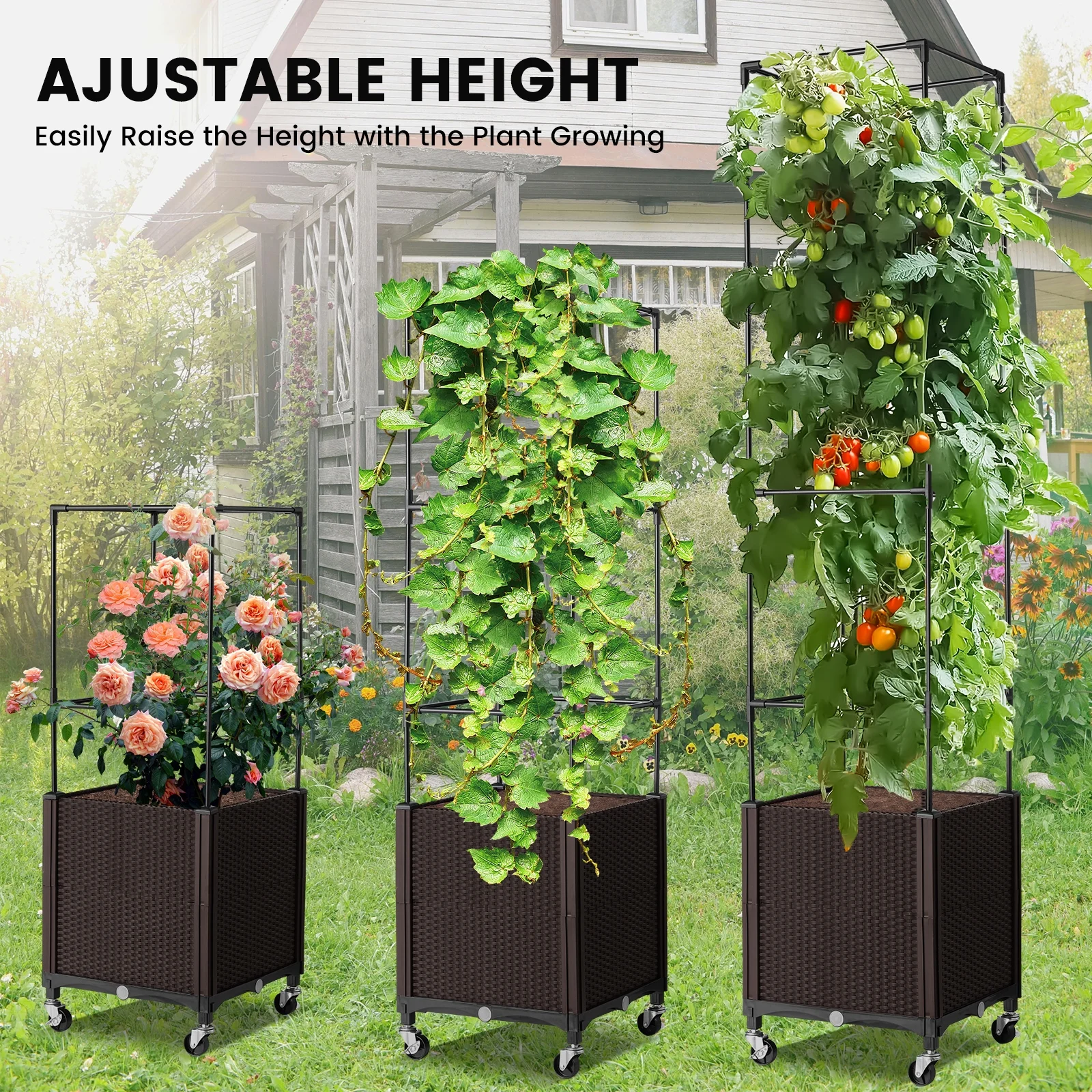 MAYOLIAH Raised Garden Bed on Wheels, 72” Tall Tomato Planters with Trellis, Deep Planter Boxes for Patio Balcony Deck Porch, Outdoor Indoor Use