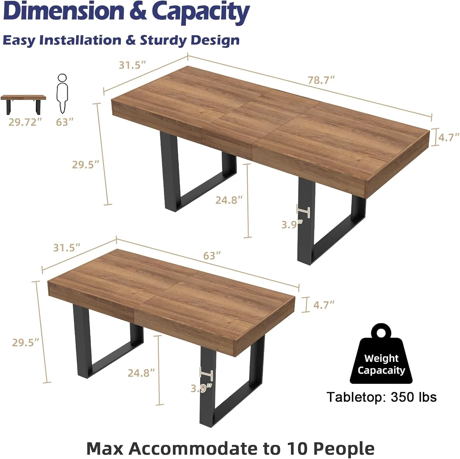 Coewske 63'' - 79'' Wooden Extendable Dining Table Modern Rustic Kitchen Expanding Table Walnut